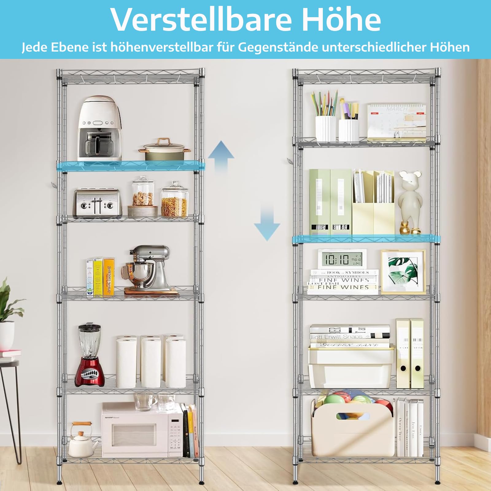 Himimi Regal,abstellraum Regal,Badezimmerregal Shelf,hoch schmal Standregale,Lagerregal 6 Ablage Küchenregal Metallregal, verstellbare Ablagen,Drahtkorb,54 x 29 x 160cm,Silber