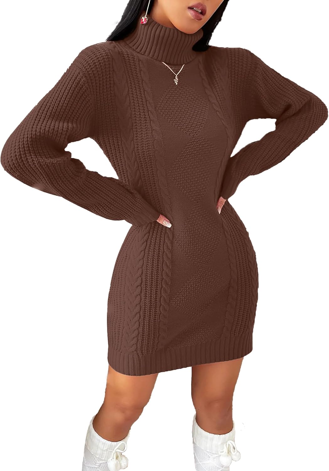 SunnyMelody Womens Turtleneck Cable Knit Sweater Dress Winter 2025 Christmas Ladies Dressy Long Sleeve Mini Dresses