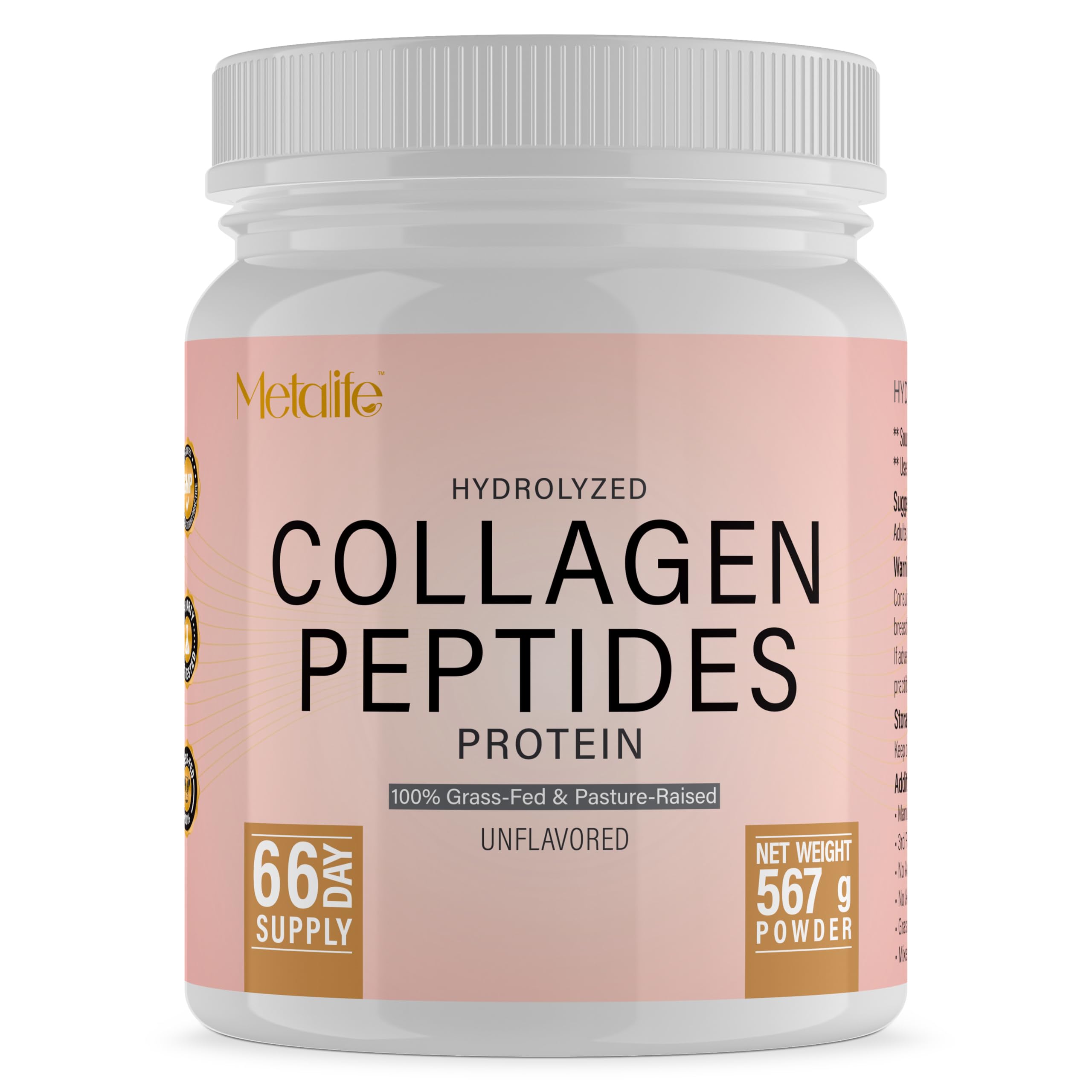 Collagen Powder 20 Oz 66 Servings Hydrolyzed Collagen Peptides Grass-Fed Bovine Unflavored Made in Canada Supports Joints Skin