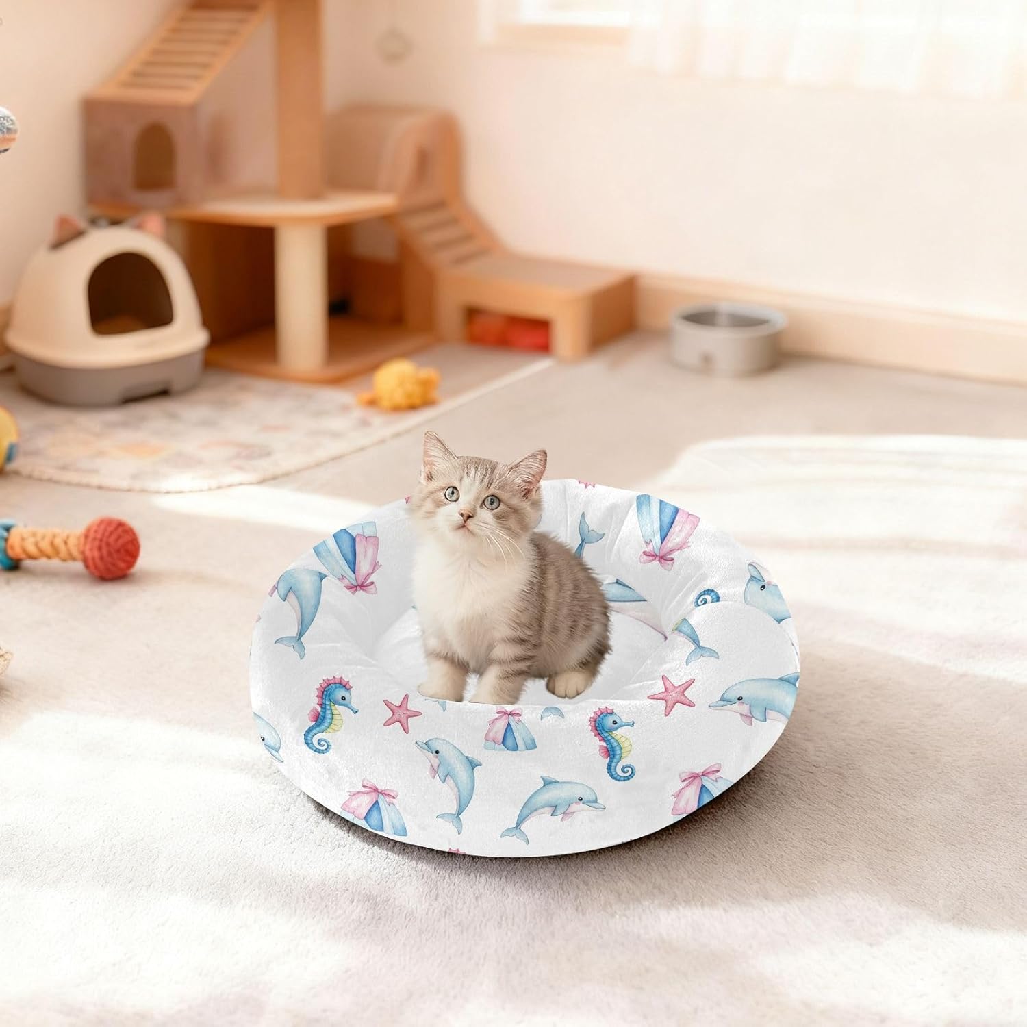 Underwater Dolphins Seahorses Pattern Dog Bed Round Donut Washable Puppy Cat Bed Small Pet Medium Dog Beds Mat for Small Medium Dogs Cats,M