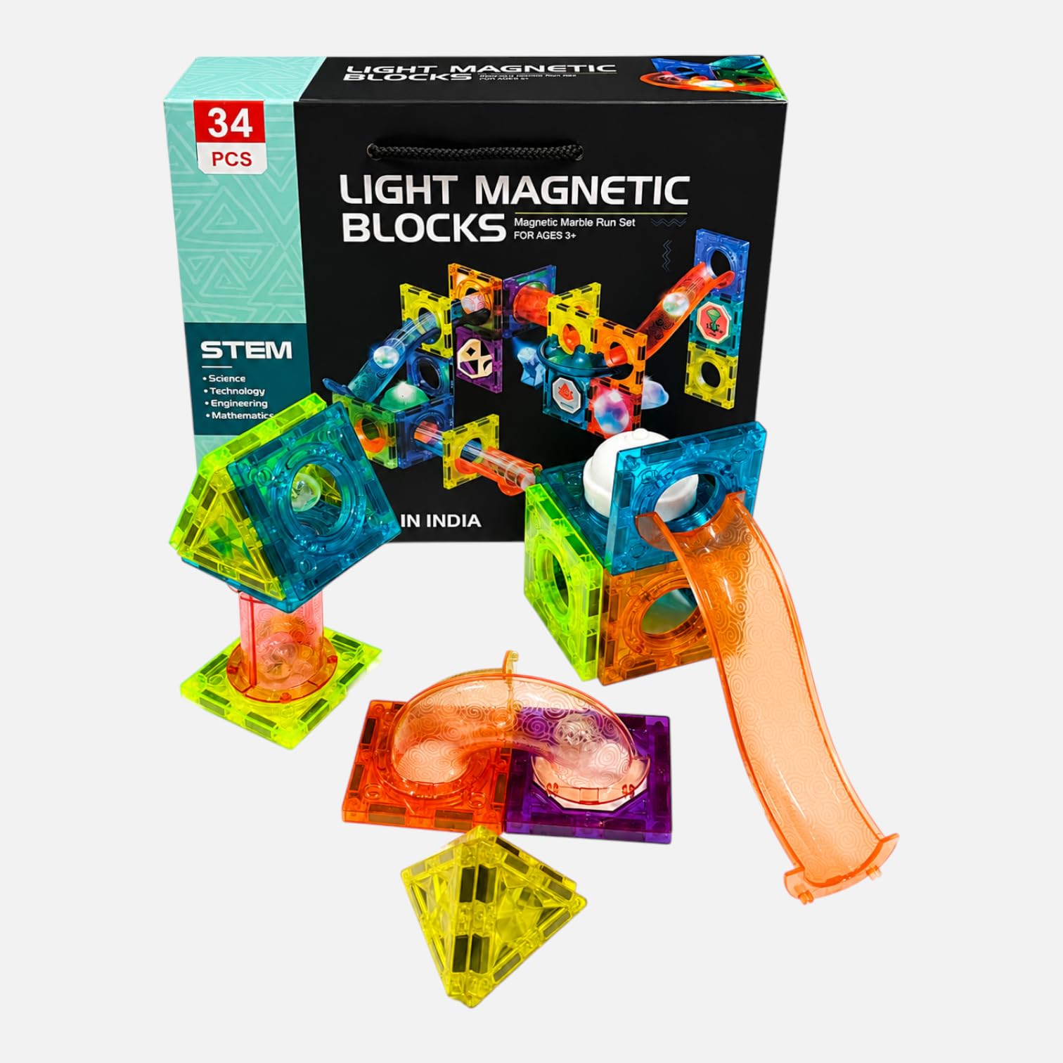 Light Magnetic Blocks Marble Run Set (34 PCS) STEM Building Tiles with Ball Track, Educational Construction Toy for Kids Ages 3+, Creative Learning & Engineering Building-image-42