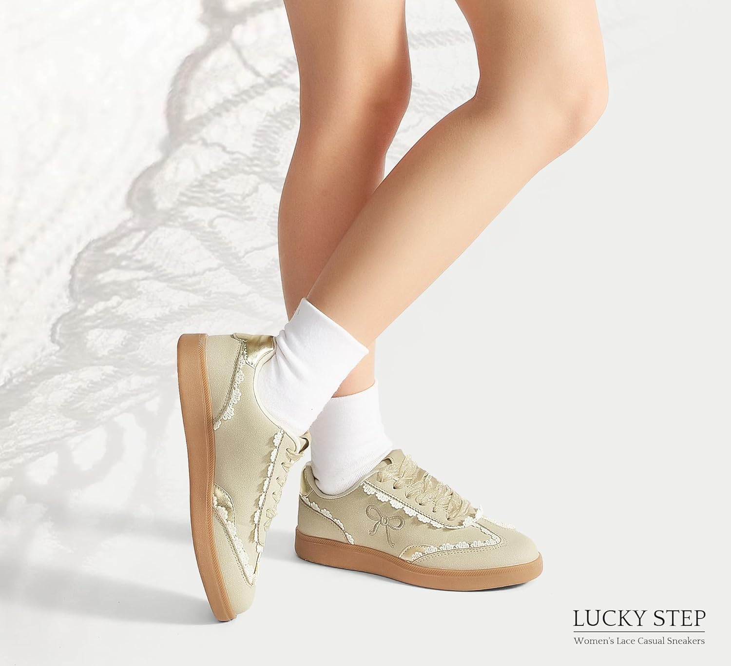 LUCKY STEP Women’s Lace Detail Casual Sneakers Organza Ribbon Lace-Up Fashion Vintage Gum Sole Trendy Cute Shoes - Image 3