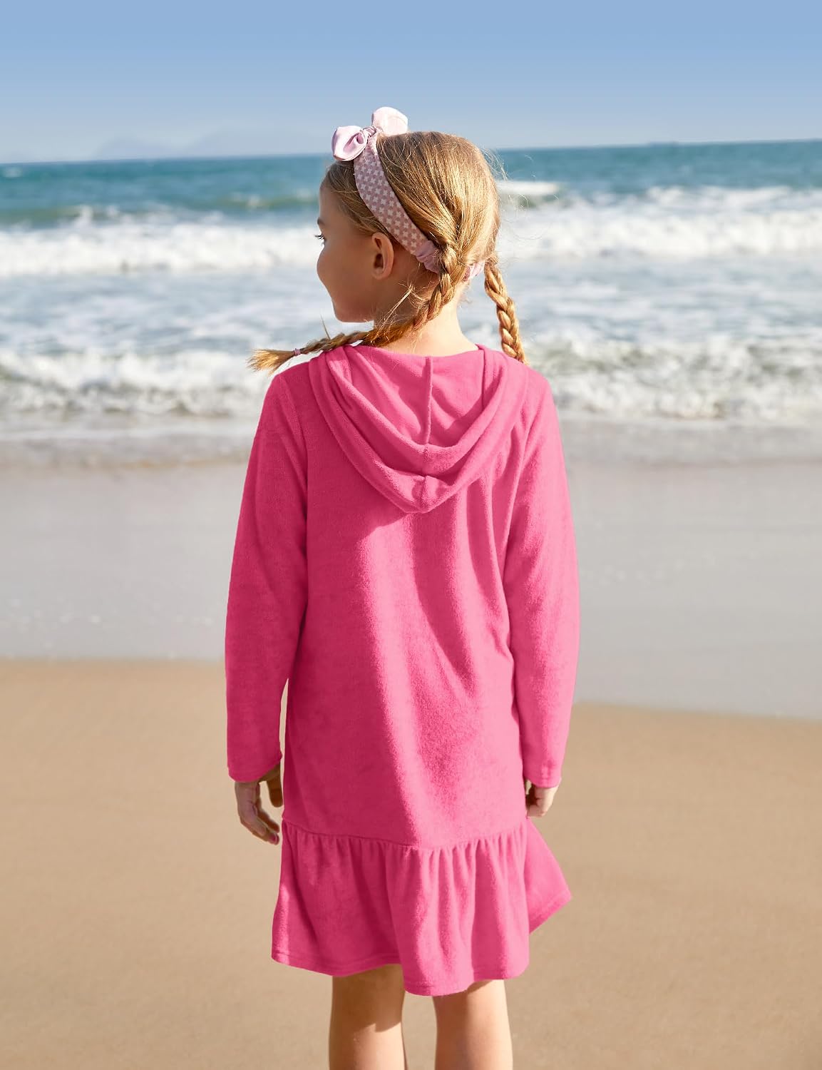 BesserBay Girls Summer Long Sleeve Coverups Button Down Terry Quickly Dry Ruffle Hem with Hood Cover Up 4-14 Years