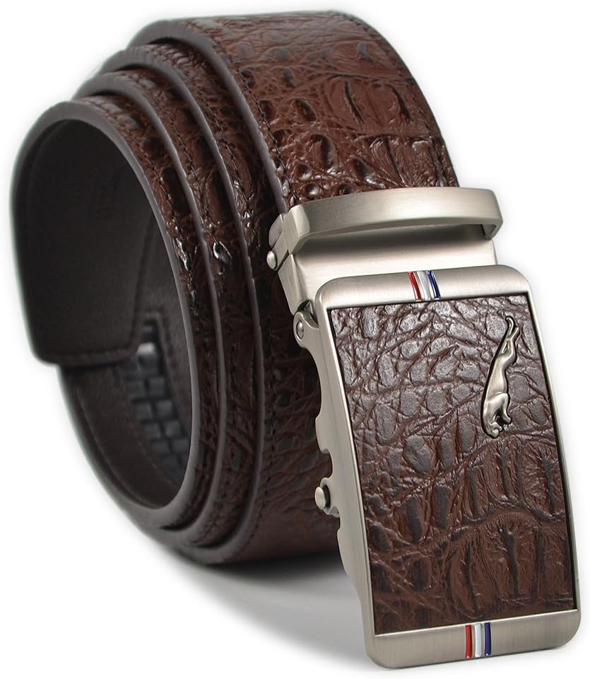 Men's Ratchet Dress Belt Alligator Leather Belt 28-47 inches with Automatic Buckle S-3XL (Brown)