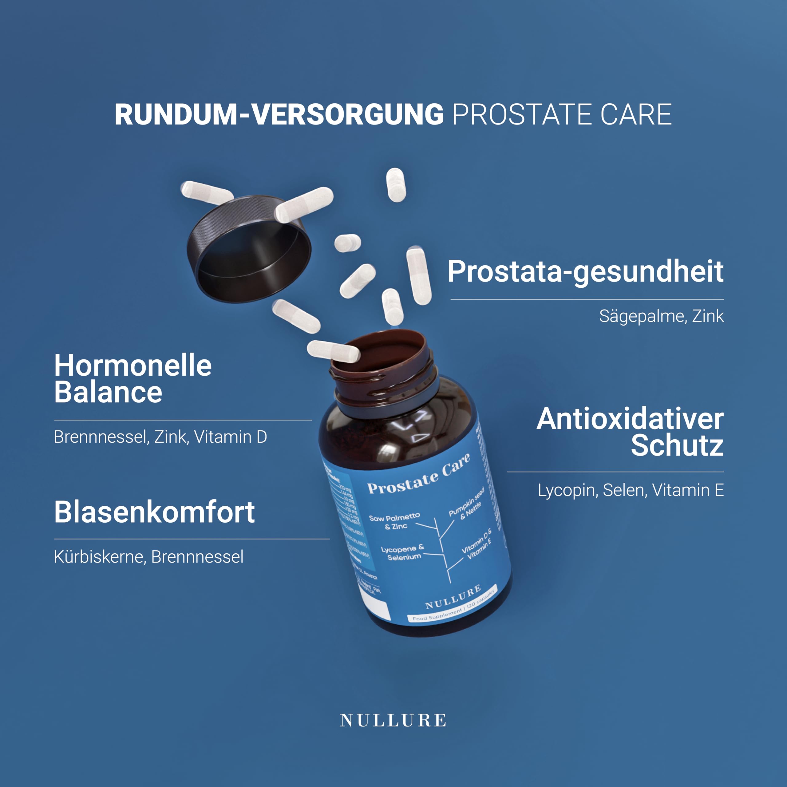 Nullure Prostata Komplex Kapseln | Unabhängig getestet | Kürbiskernextrakt + Sägepalmenextrakt + Brennnessel + Lycopin | Vegan & Ohne Zusätze | Prostate | 120 Stück 2 Monate | Hergestellt in Barcelona