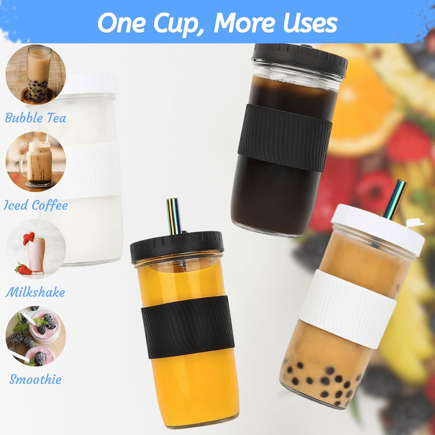 Youeon 4 Pack 24 Oz Reusable Boba Cups with Lids and Straw, Iced Coffee & Smoothie Cups, Bubble Tea & Mason Jar Style with Silicone Sleeve, BPA Free, Dishwasher Safe, 2 Colors - Image 5