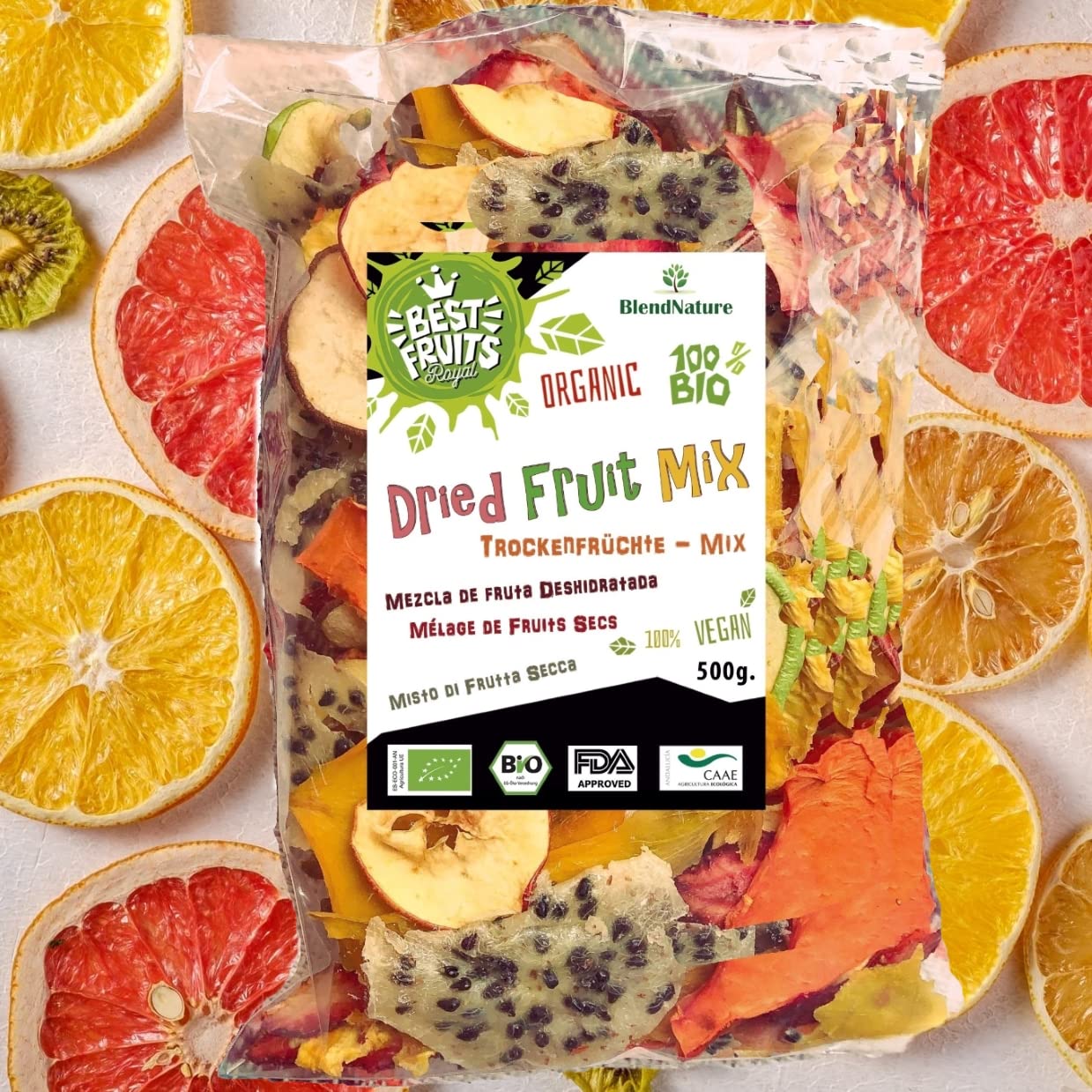 Fruta Deshidratada Sin Azucar Añadido - MIX 10 Mango Naranja Platano Manzana Pera Kaki Melocoton Piña Melon Arandanos 500g - 100% Natural – Ideal para Pasteles Cocteles o Snack – Sin Gluten