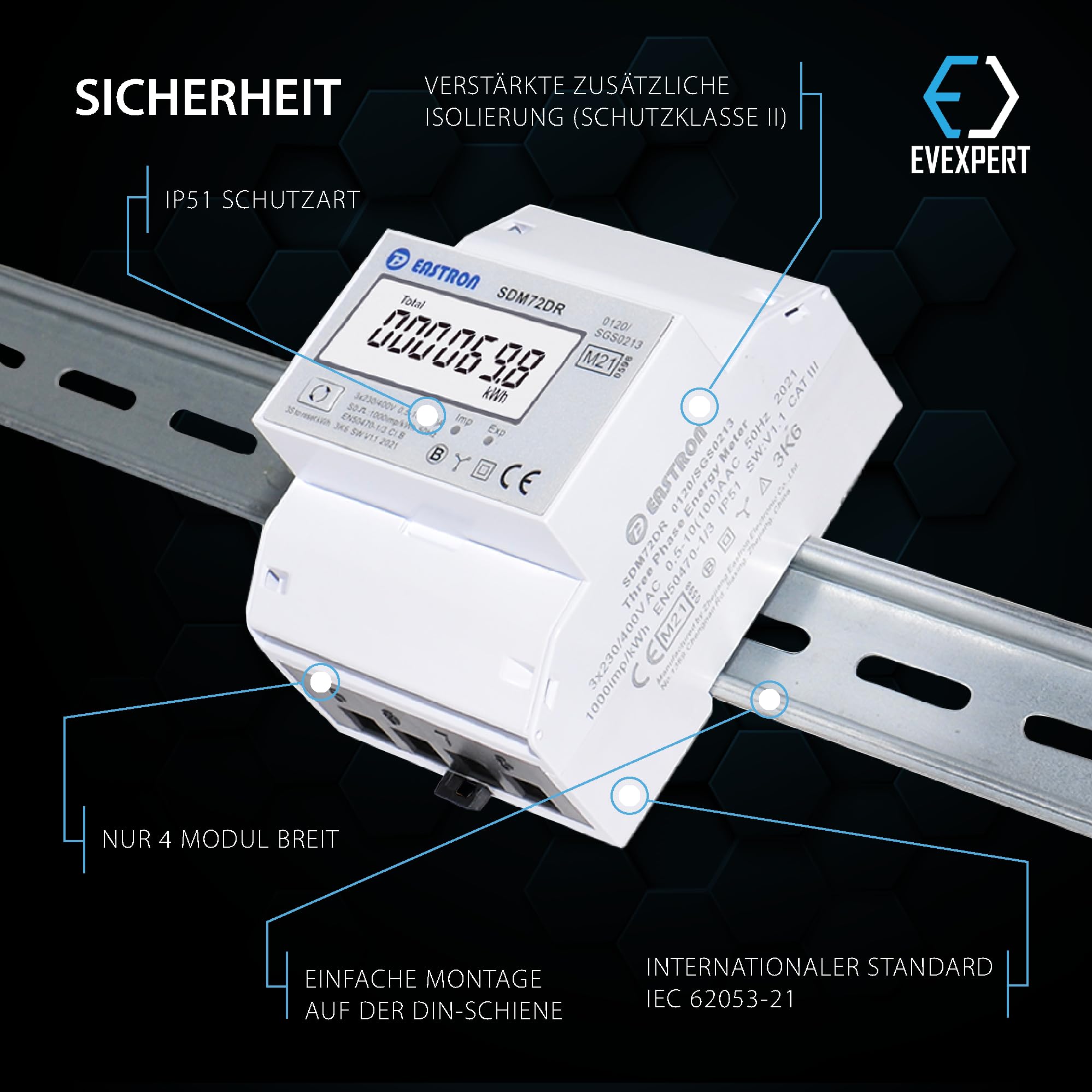 EASTRON SDM72-DR-MID - digitaler Drehstromzähler - 100A 3-phasig - Stromzähler für DIN-Schiene mit Resetmöglichkeit - geeicht