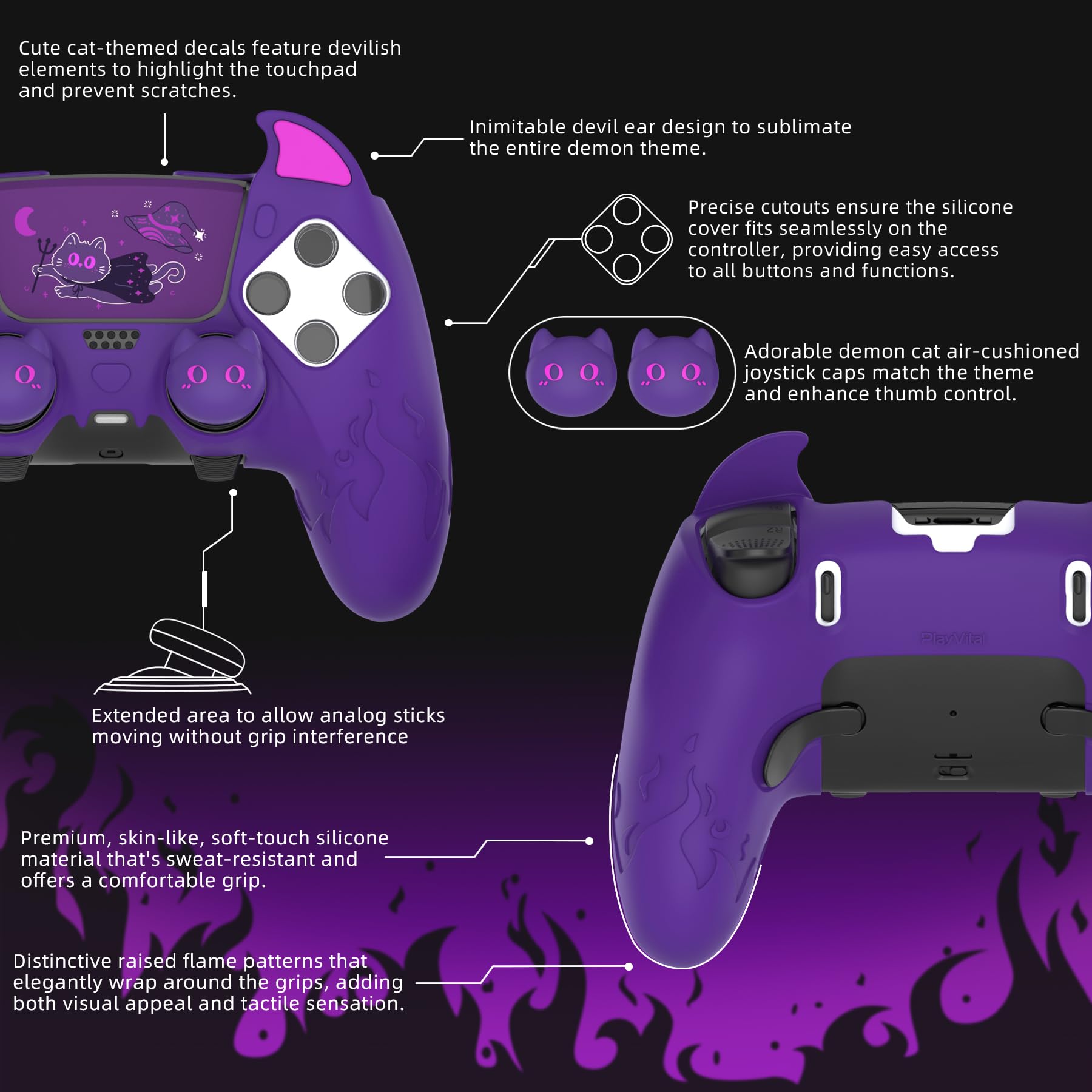 PlayVital Etui do ps5 Edge z Ochrona Joysticków do ps5 Edge Kontrolera Akcesoria & Naklejka na Panel Dotykow,Silikonowy Pokrowiec Antypoślizgowy–Fioletowy,Uroczy Demon