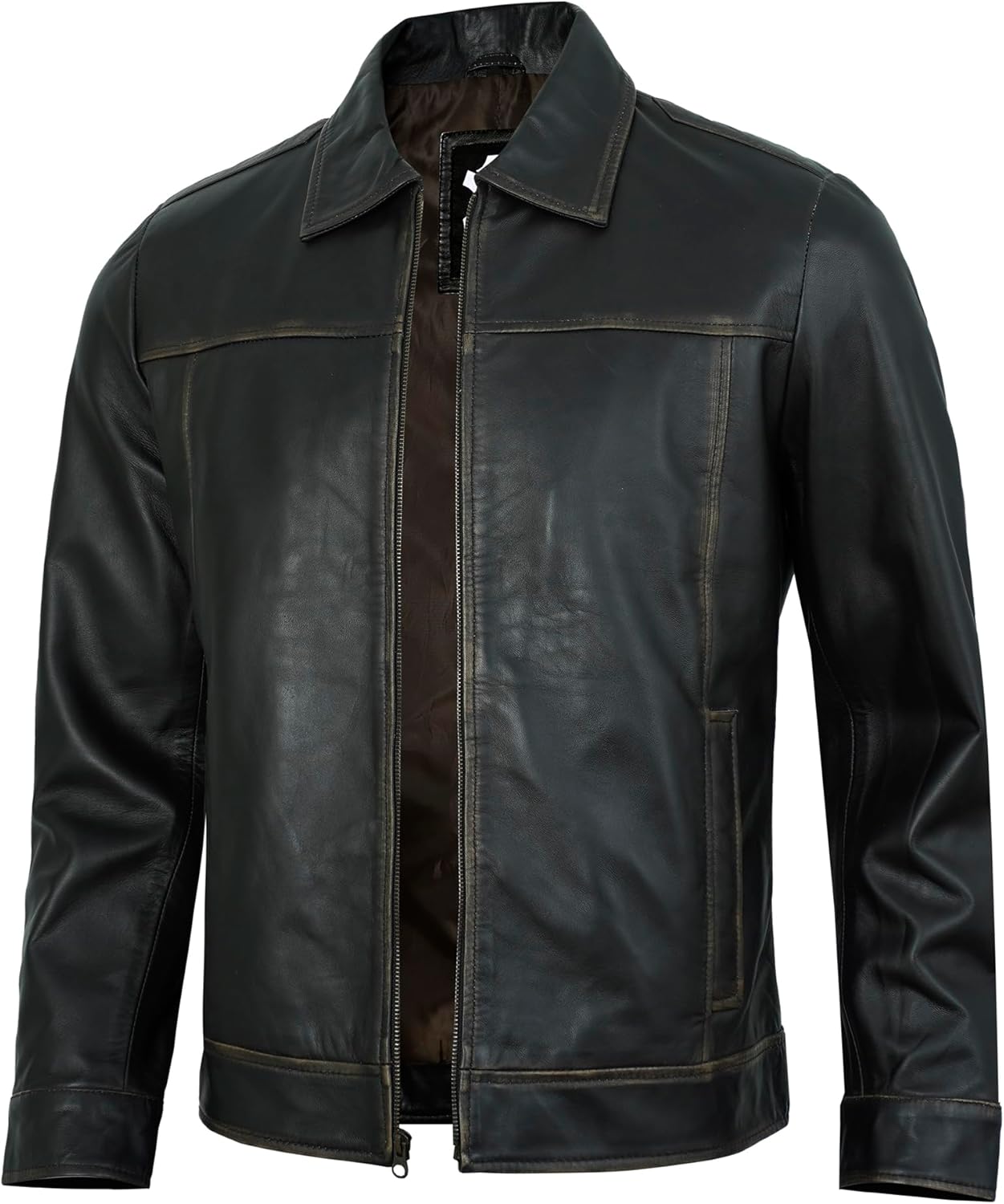 UrbanFocal Vintage Leather Jacket Men - Real Lambskin Classic Turn Down Collar Leather Jackets For Mens