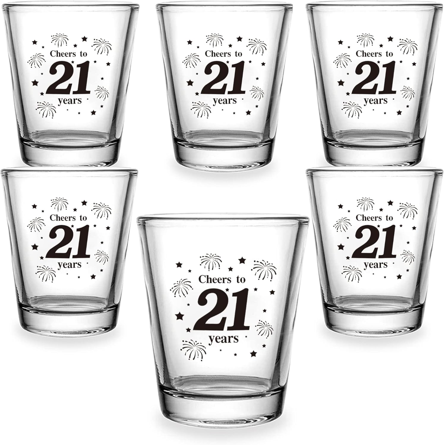 6 PCS 21th Birthday Shot Glasses Set, 1.5 oz Cheers to 21 Years Clear Shot Glass Cups with Heavy Base, Birthday Decorations for Women, Men, Funny Birthday Gifts, Party Supplies or Favors for Her, Him