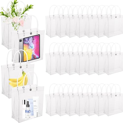Acoavo 24 Pack Clear PVC Gift Bags with Handles, 9.84×9.84×3.54 Inch Big Transparent Gift Wrap Bags, Reusable Clear Tote Shopping Bags with Handle