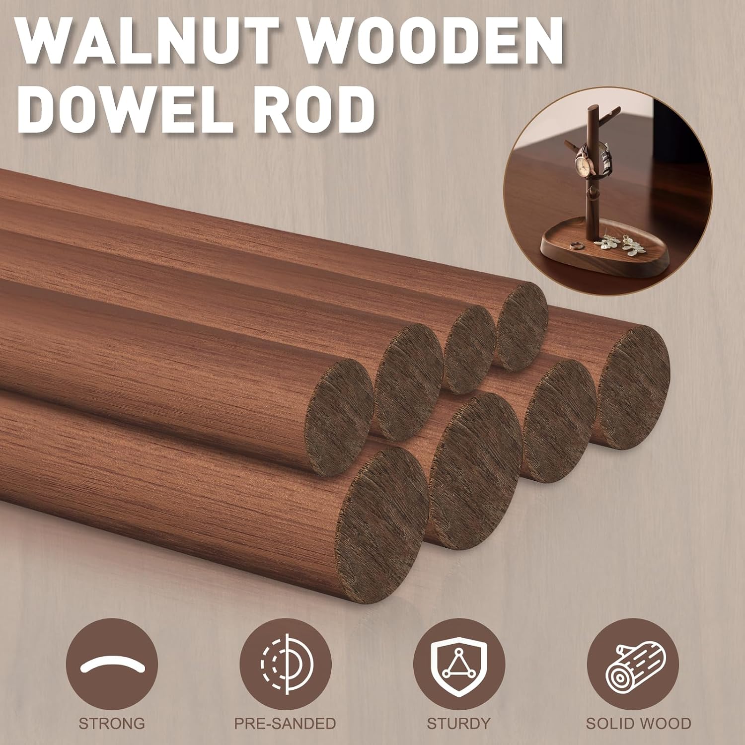 8 Pack Walnut Wood Dowel Rods, Mixed Large Diameters 0.8–1.4 Inch x 6 Inch, Solid Hardwood Dowels for Woodworking, Crafts, DIY Projects and Home Decor image 4