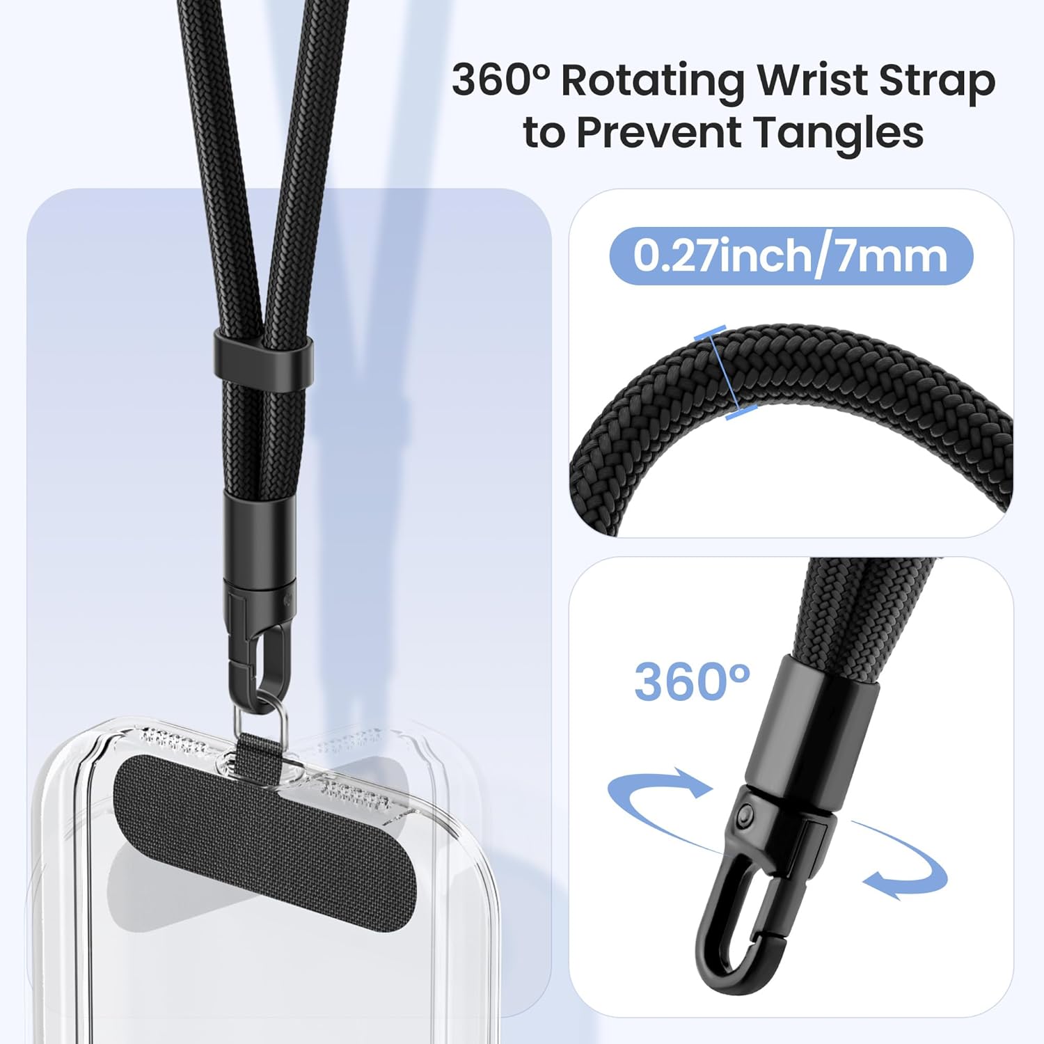 takyu Phone Lanyard, 3 Pack Adjustable Phone Wrist Strap Chain with Tether Tabs, 360°Rotating Wristlet Keychain Strap without Tangles for Cellphone Case Keys Women Men, Black, Dark Gray, Black-gray - Image 4