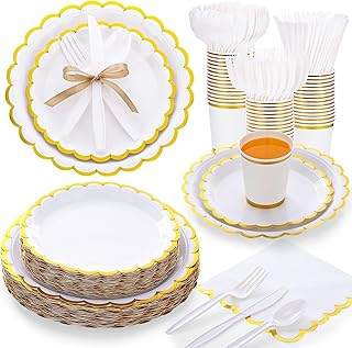 350 Pcs White Plates and Napkins Party Supplies for 50 Guests Wedding Disposable Tableware Include Scalloped Plates Paper Napkin Cup Spoon Fork Knife for Wedding, Birthday
