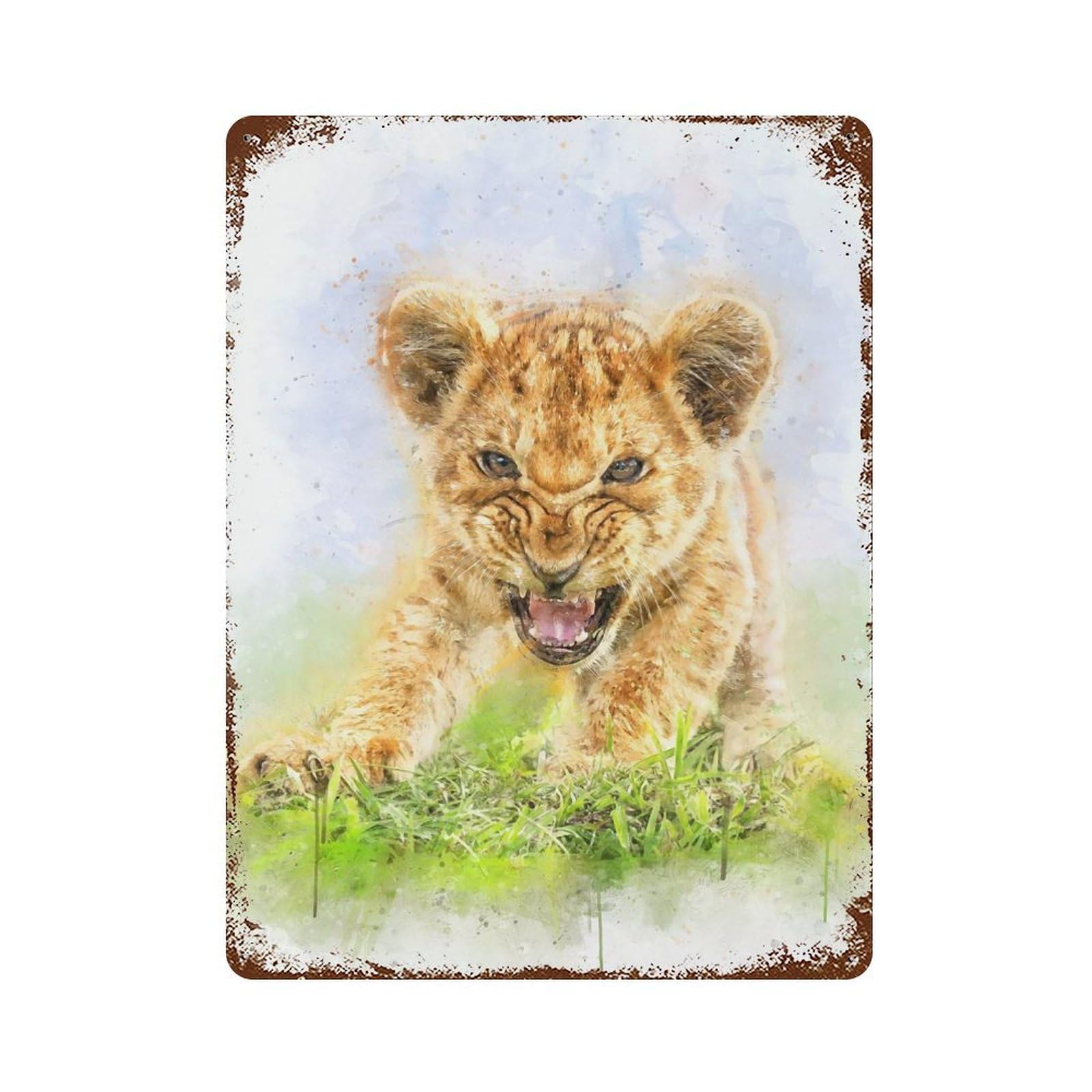 Angry Lion Baby Watercolor Aged Metal Wall Plaque 15.7"x11.8", Industrial Home Decor for Garage, Pub Or Kitchen