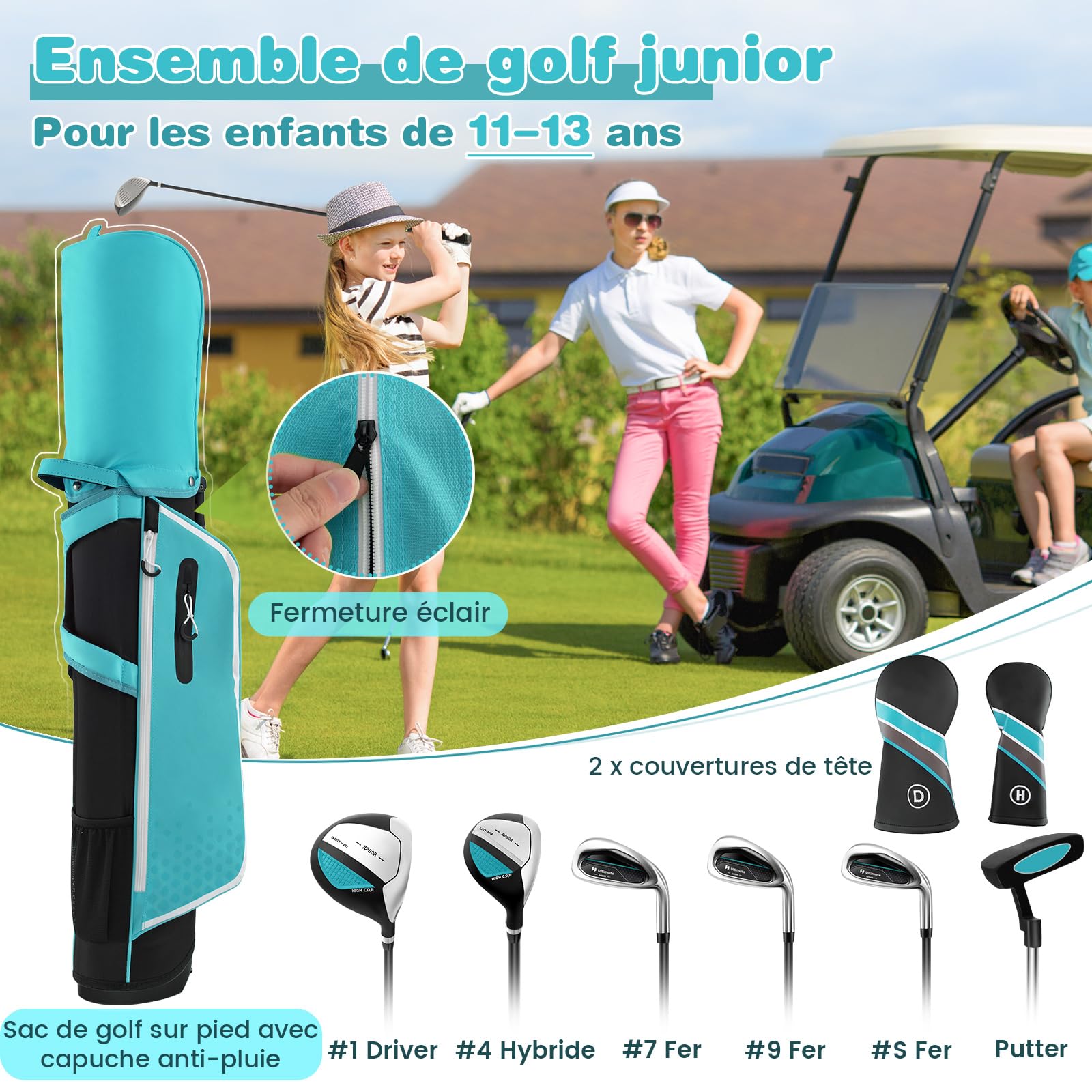 COSTWAY Ensemble Club de Golf Portable pour Enfants, Set de Golf Complet Sac Trépied avec Capuche Anti-Pluie, pour Droitier