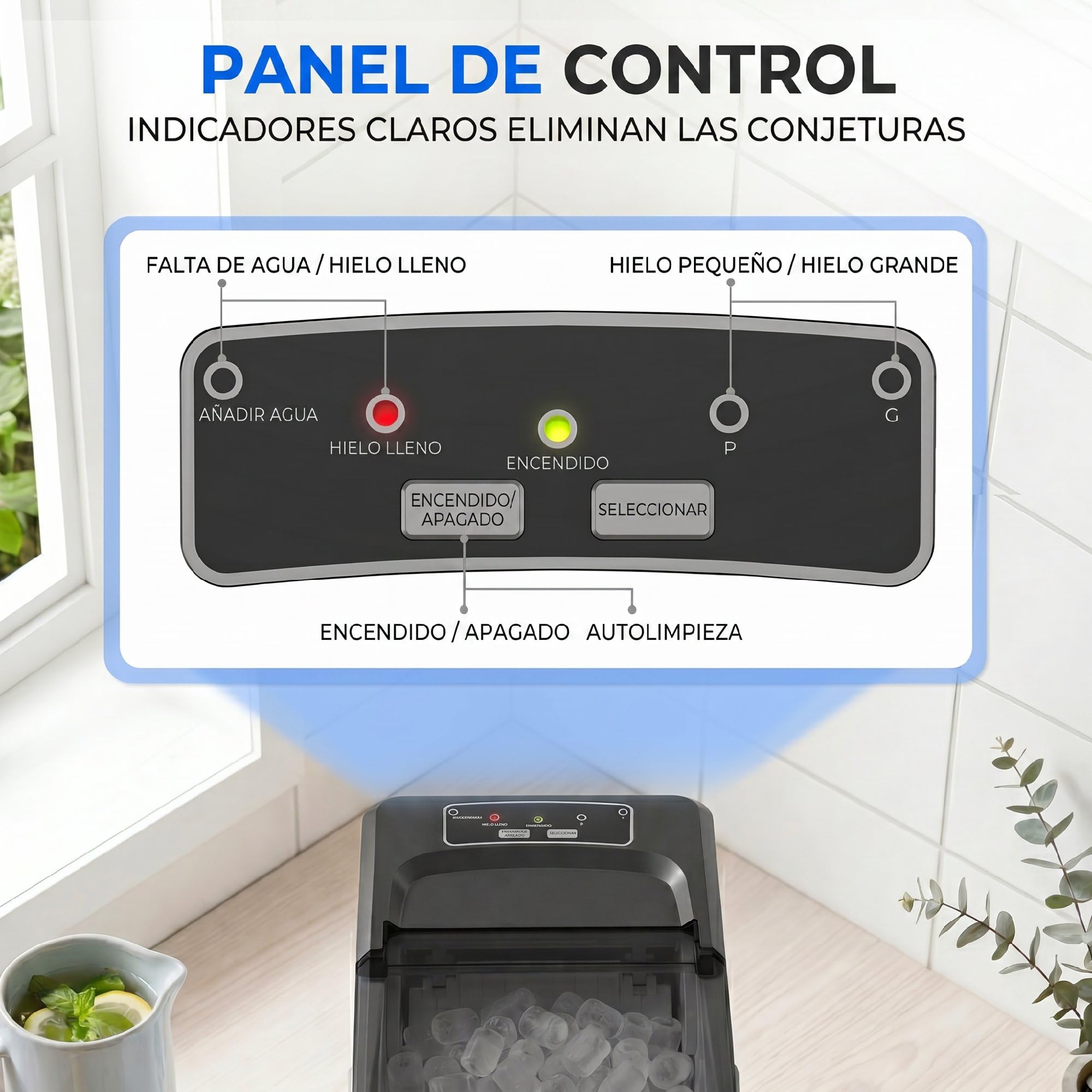 HOMCOM Máquina de Hielo, Máquina de Cubitos de Hielo Autolimpiable, 12 kg/24H, 9 Cubitos Listos en 7 Minutos, 2 Tamaños de Hielo, 1,5L Depósito, para Hogar, Cocina, Oficina, Bar, Azul — view 5