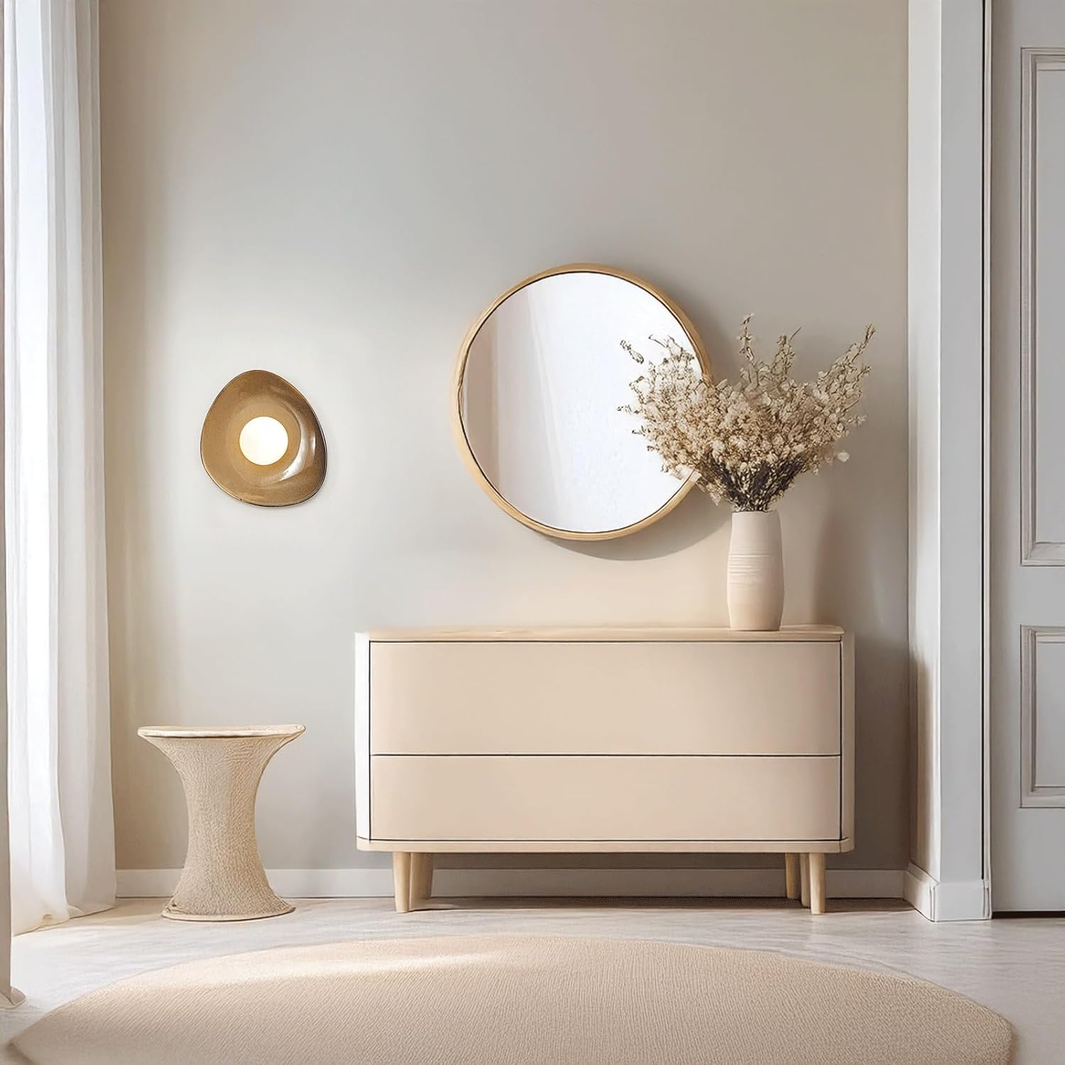 Wall Sconce Modern Artistic Ceramic Shade Wood Base Wall Light Irregular Glazed Earthy Tone Hardwired Indoor Wall Lamp Decorative Ambient for Bedroom Living Room Hallway Wall Mounted Light