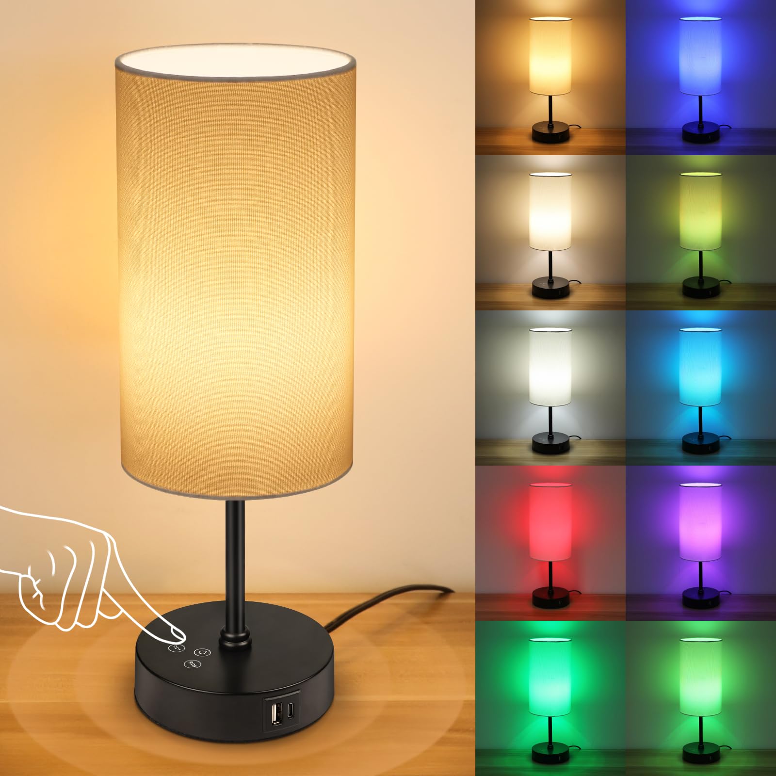 Befurglor Bedside Lamps, Dimmable 3 CCT & RGB 7 Colors Table Lamp with USB A+C Charging Ports