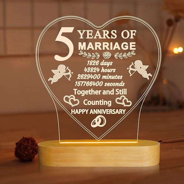 Wedding Anniversary Gifts for Her, 3D Illusion Lamp I Love You Night Light Romantic Text with Happy Anniversary Gift for Wife Husband Sweet Present (5th)