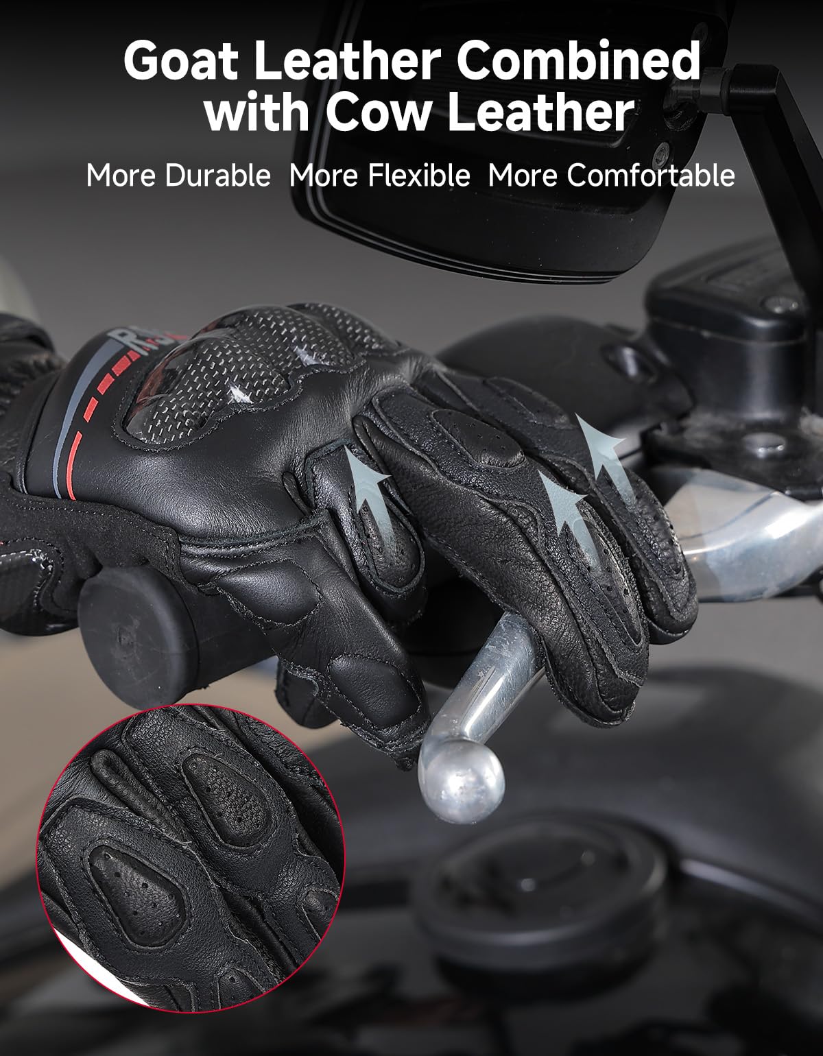 KEMIMOTO Motorradhandschuhe Leder für Herren und Damen, Vollfinger-Handschuhe aus Rindsleder und Ziegenleder mit Carbonfaser-Knöchelverstärkung und Touchscreen