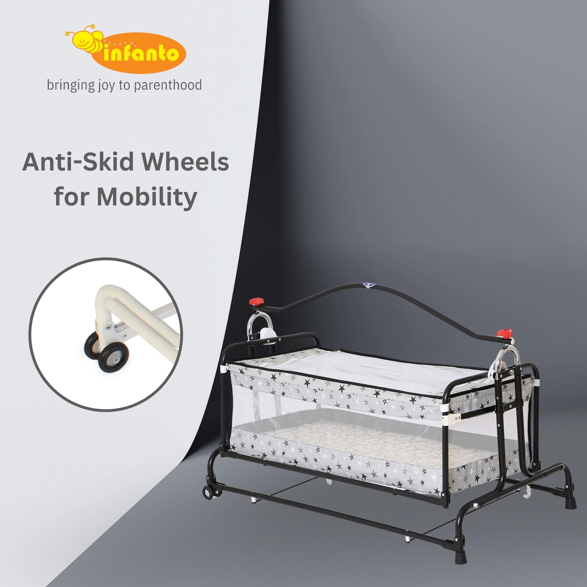 Infanto Metal Compact Baby Cradle, Jhula, Palna, Swing - Adjustable Height, Sturdy Frame, Smooth Swing, Secure Lock, Anti-Skid Pad, Breathable Net, Sturdy Build - CC29-STD (Grey) - Image 3 thumbnail