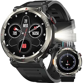 Military Smart Watch for Men(Bluetooth Calling), Fitness Watch with Flashlight,Compass,960mAh Battery,120+ Sports,SpO2 Heart Rate Sleep Monitor,Step Counter,IP68 Waterproof Smartwatch for iOS Android - Amazon product rated Grade A