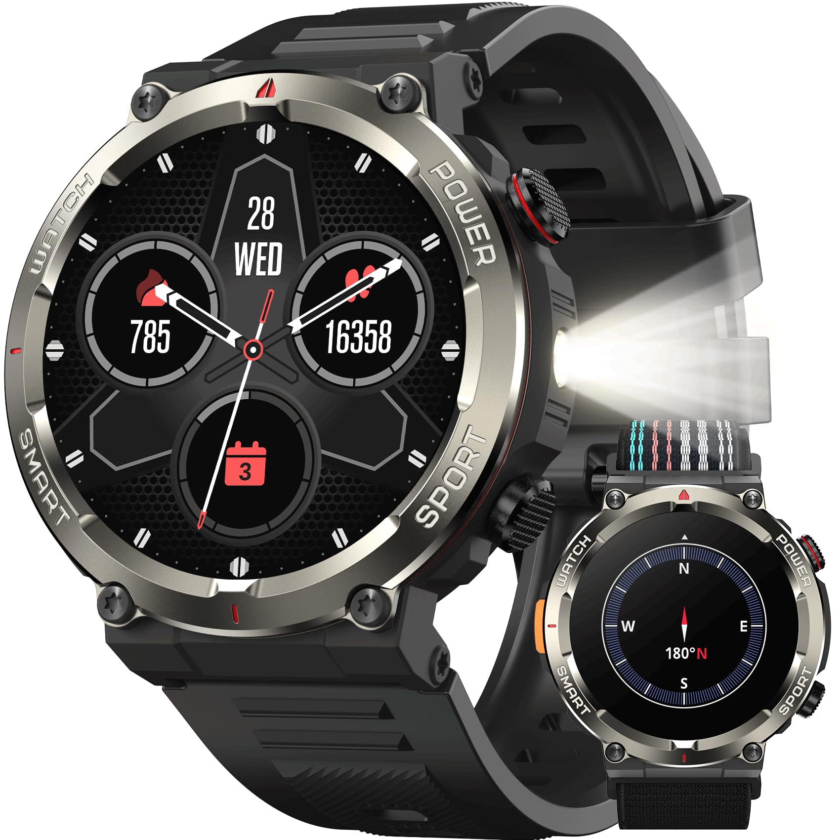 IOWODO Montre Connectée Homme, 100+ Modes Sportifs, Appels Bluetooth, Batterie 960mAh, Boussole, Lampe de Poche, Analyse de la Fréquence Cardiaque et du Sommeil, pour Android/iOS (Rond)