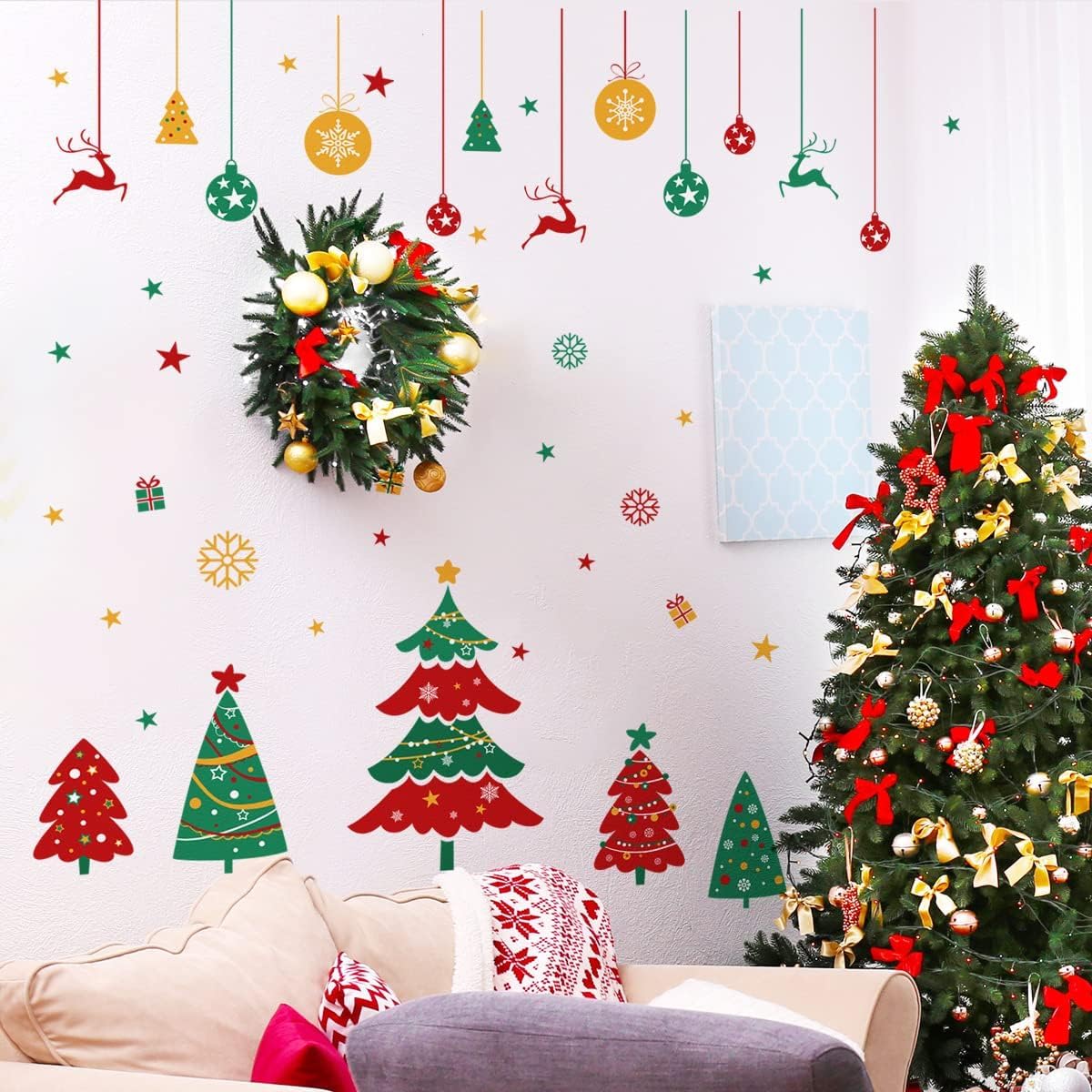 Christmas Tree Wall Decals Stickers,Removable Large Xmas Tree and Hanging Ornaments Wall Decor Art,2023 New Year Home Office Nursery School Winter Holiday Decorations Supplies, 96x136x1.5 cm