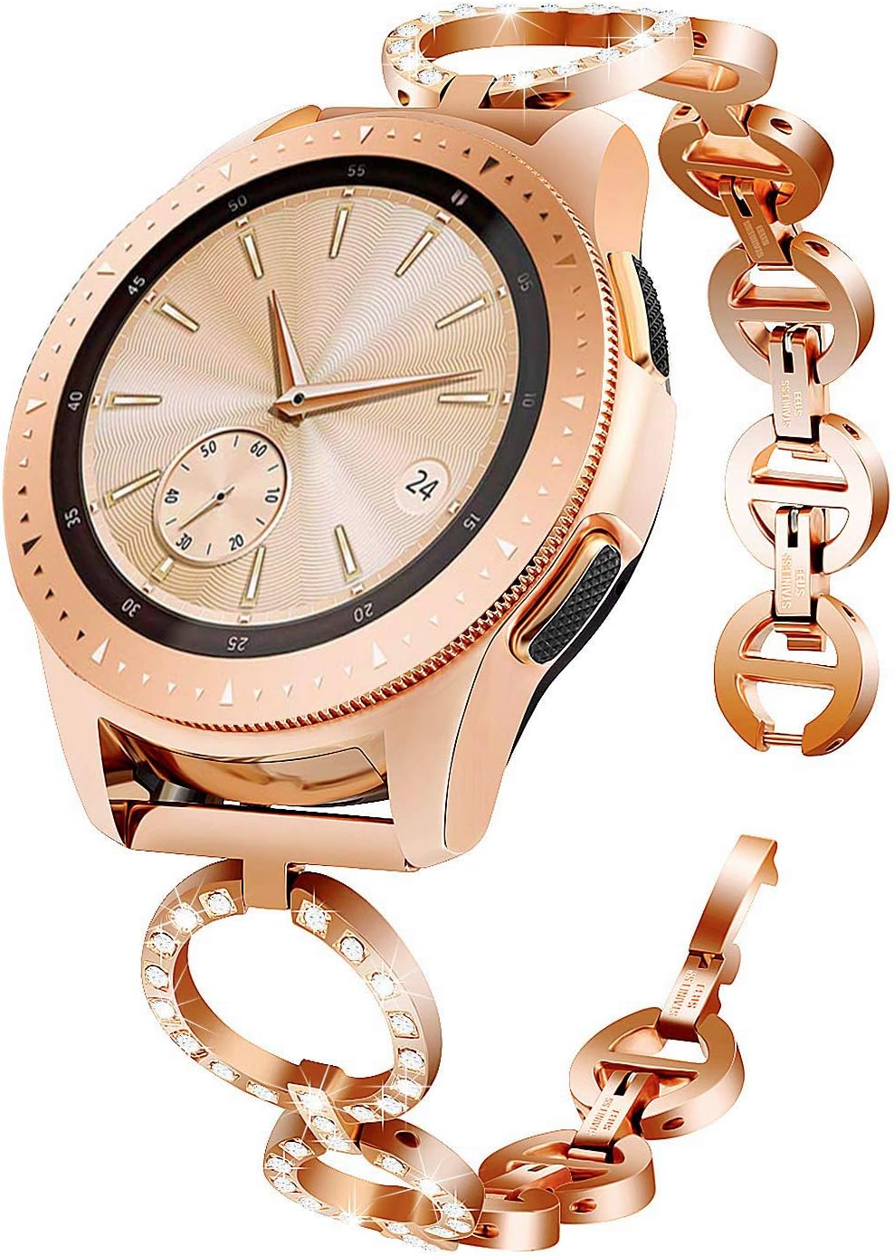 Aiiko Compatible Galaxy Watch 4 (42mm) Bands 20mm O-Link Design Stainless Steel Metal Band Link Bracelet with Rhinestone Diamond Bling Replacement for Samsung Galaxy Watch 42mm/Active 40mm(Rose Gold)