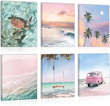 HPNIUB Beach Canvas Wall Art, Tropical Summer Ocean Coastal Posters, Set Of 6 Piece 8x10inch,Framed Preppy Gallery Beachy Prints, Girly Coconut Tree Turtle Bus Room Decor, California Beachy Pictures