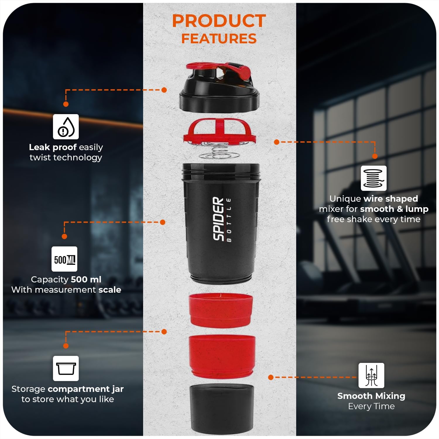 Protein Shaker Bottle 500ml With Extra Compartment - Gym Shaker Bottle For Men & Women, Perfect For Protein Shakes & Supplements (Red)