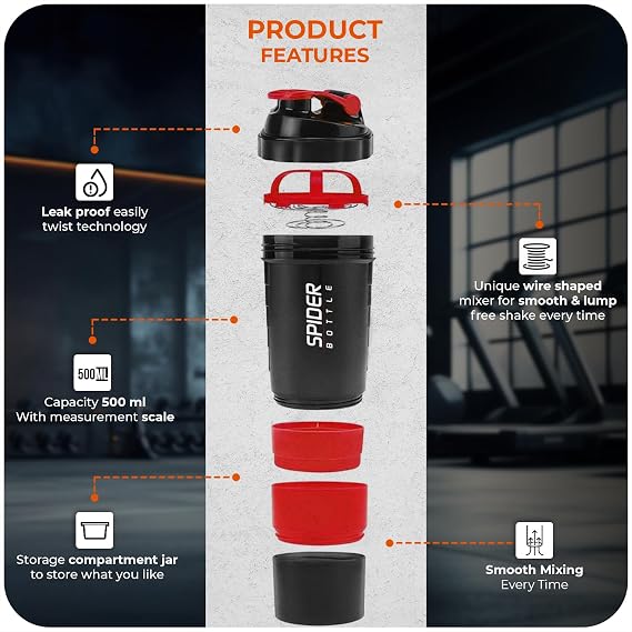 Protein Shaker Bottle 500ml With Extra Compartment - Gym Shaker Bottle For Men & Women, Perfect For Protein Shakes & Supplements (Red)
