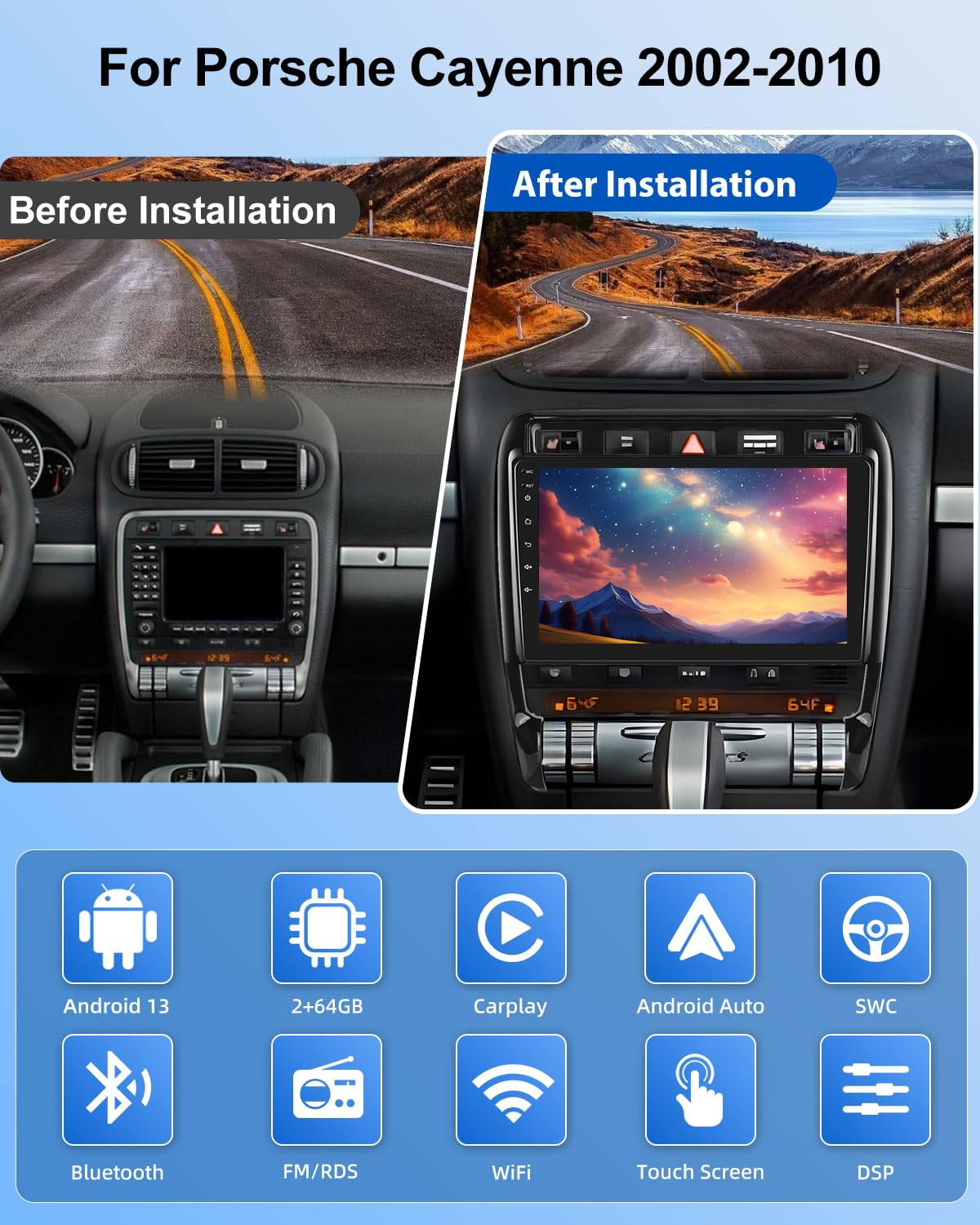 NHOPEEW Autoradio Android 2G+64G pour Porsche Cayenne 2002-2010 - sans Fil Carplay & Android Auto - Stéréo Android 9 Pouces avec WiFi EQ GPS Mirror Link FM RDS + AHD Caméra de recul&Mic
