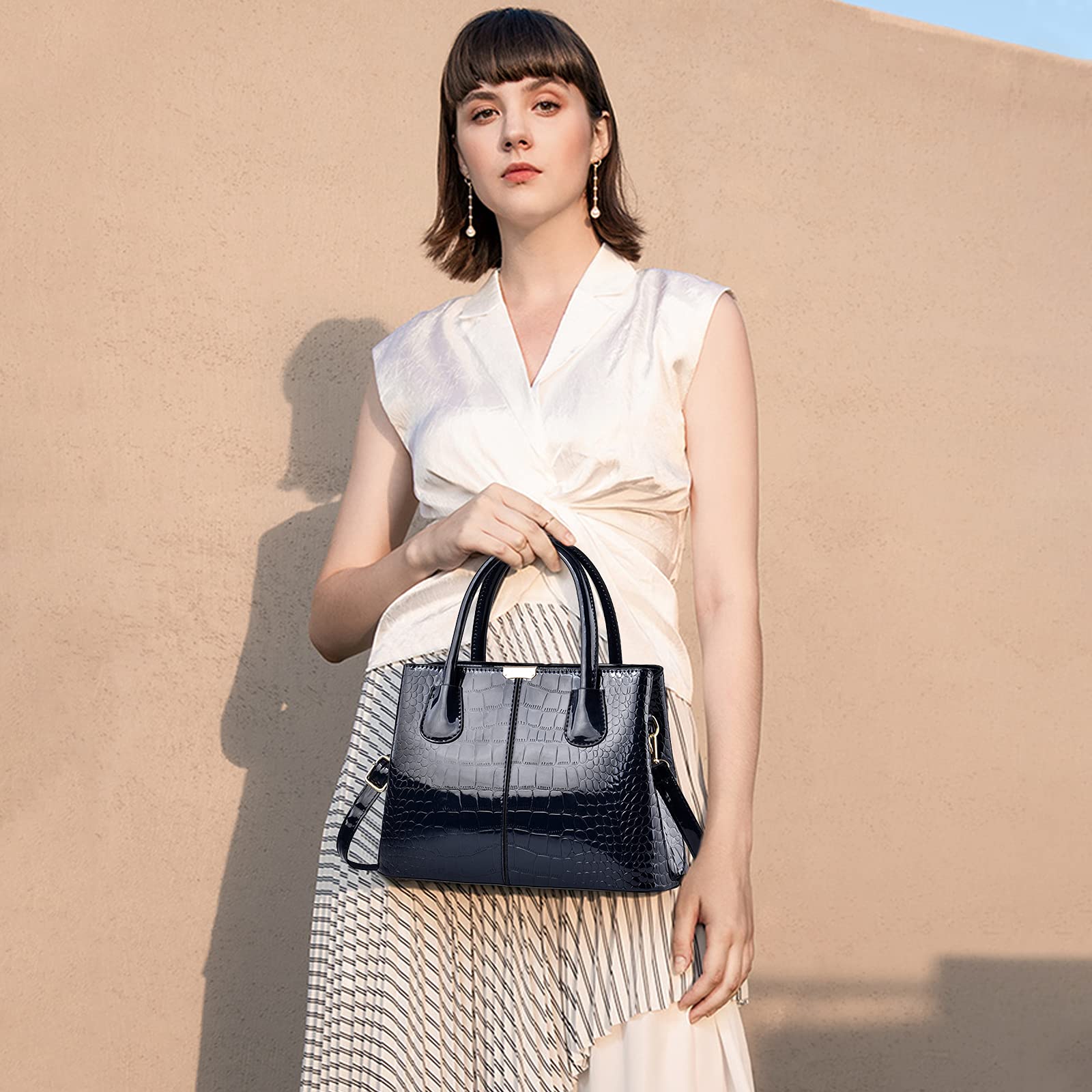 NICOLE & DORIS Sac a Main Femme Sac élégant Sac en Cuir Verni Sacs Portés Main Imperméable Sac à Bandoulière Mode Sac Epaule Motif Croco
