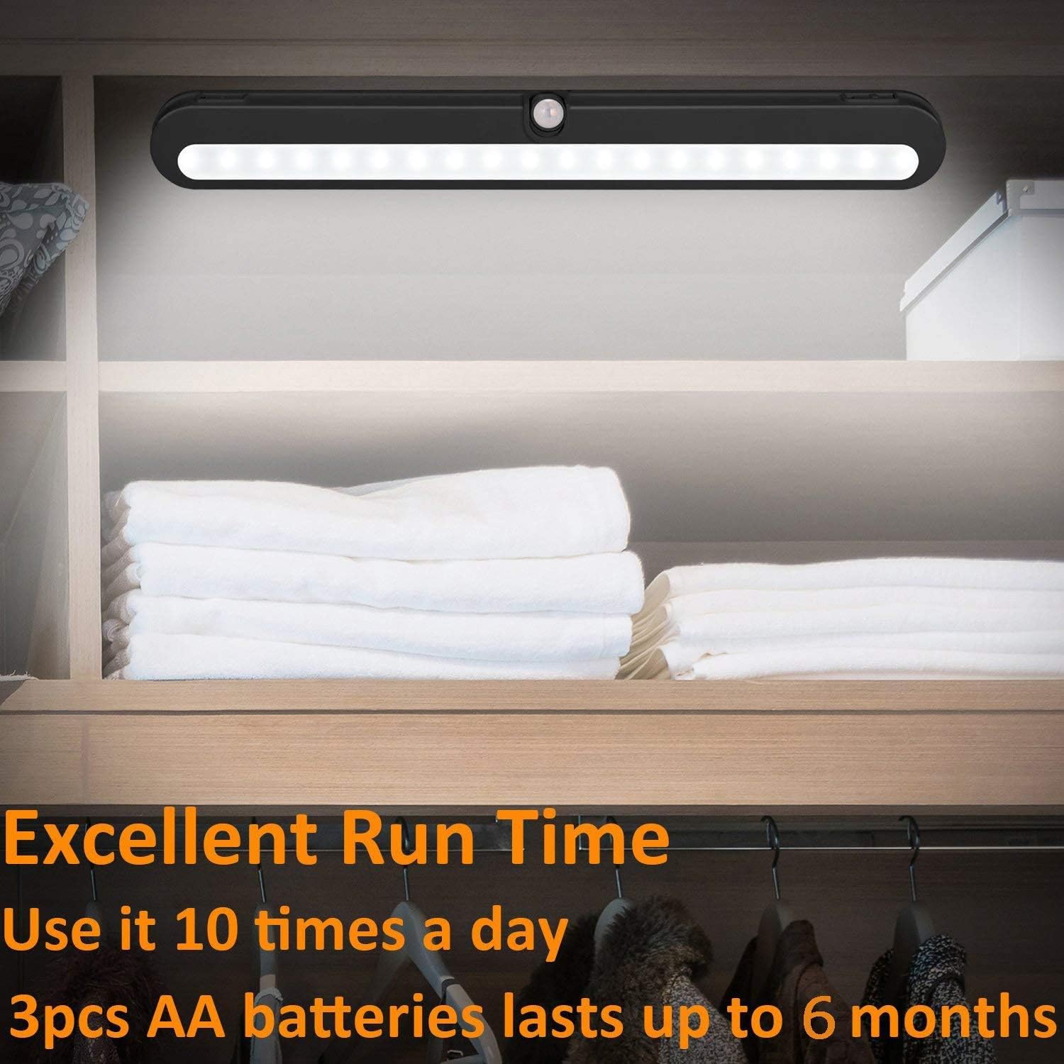Alivation Closet Lights Battery Operated Led, Motion Sensor Light Indoor, Under Cabinet Lighting, Under Counter Lights for Kitchen, Laundry, 3 AA Battery Powered/DC Input, Day & Night Modes, Black