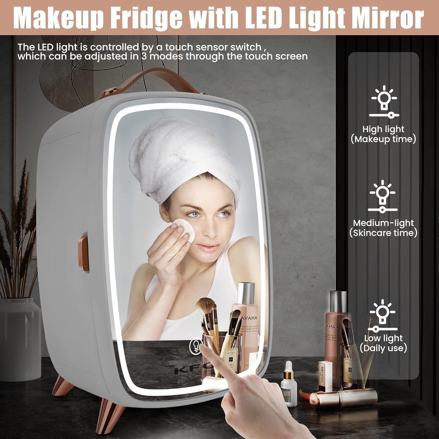KFO Frigorifero portatile a specchio di bellezza con illuminazione a LED, Mini frigorifero portatile da 6 litri per trucco, 6 litri / 8 lattine 3 LED Mirror Light Mode