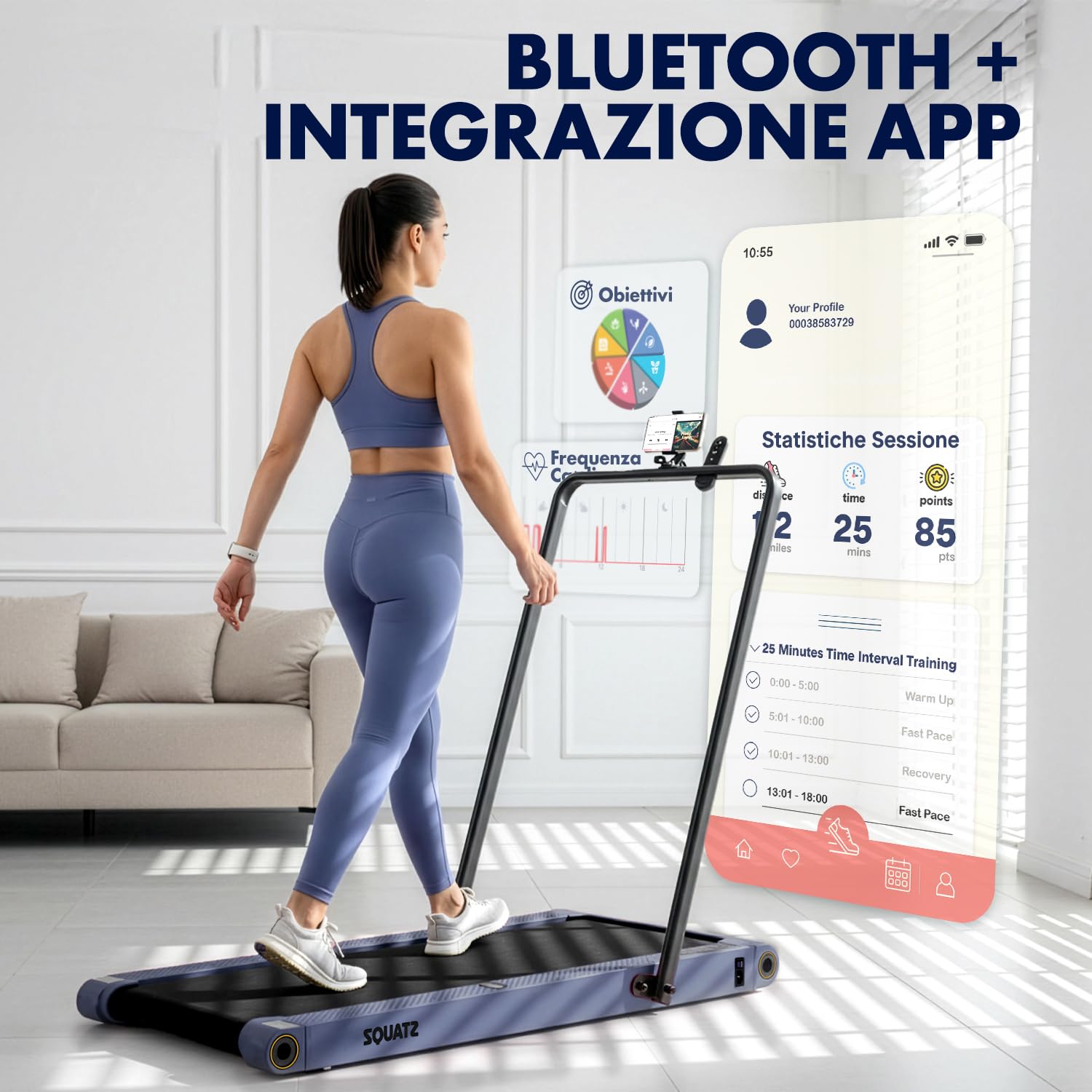 Squatz Tapis Roulant Pieghevole 2-in-1 con Pedana Vibrante, Walking Pad Salvaspazio, Display LED, Supporto Tablet, Telecomando, Motore Silenzioso 750W per Casa e Ufficio