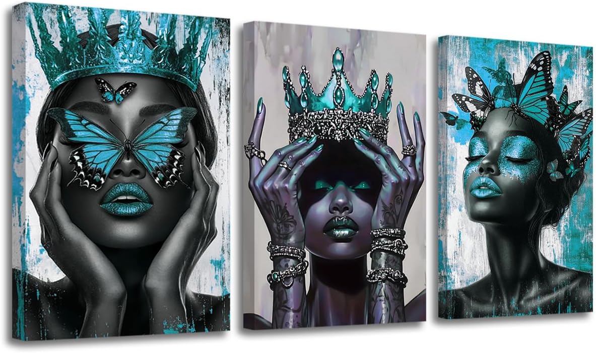 CXHOSTENT African American Canvas Wall Art Black Woman Painting 3 Pieces Afro Queen and Butterfly Picture Prints Fashion Girl Female Bedroom Decor Framed (Teal, 11x14inchx3 Pieces)