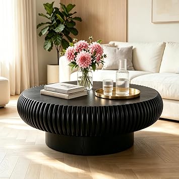 39.3" Drum Coffee Table Modern Round Coffee Table 39.3" Black | Contemporary Wood Unique Fluted Tea Table with Fluted Centry Table for Living Room Walnut