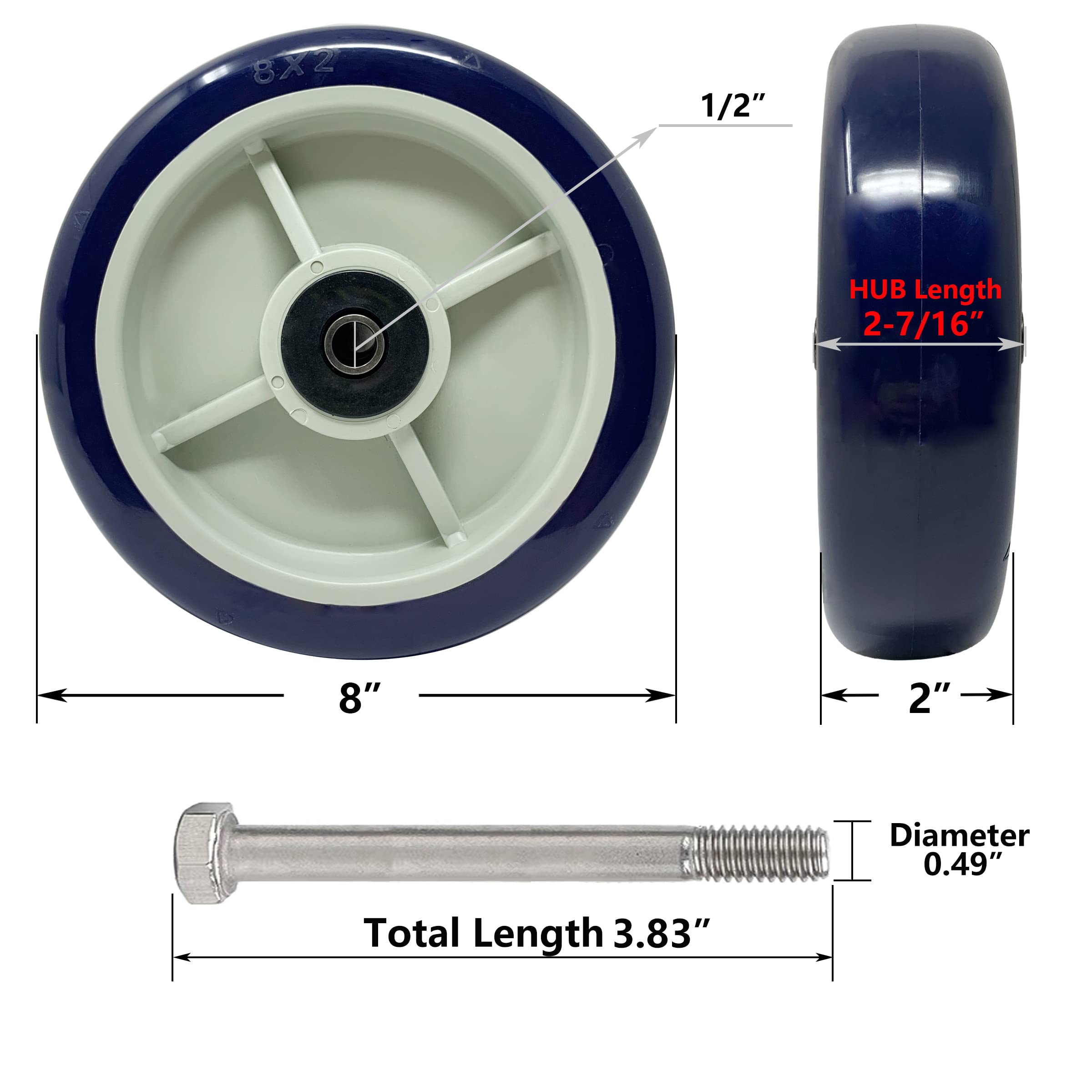 HANDSAMMU 8 inch Caster Wheels-Industrial Caster, Polyurethane on Polypropylene Wheel- Casters Set of 4 Heavy Duty - 4800LB Total Capacity - Widely use for U-Boat Platform Trucks