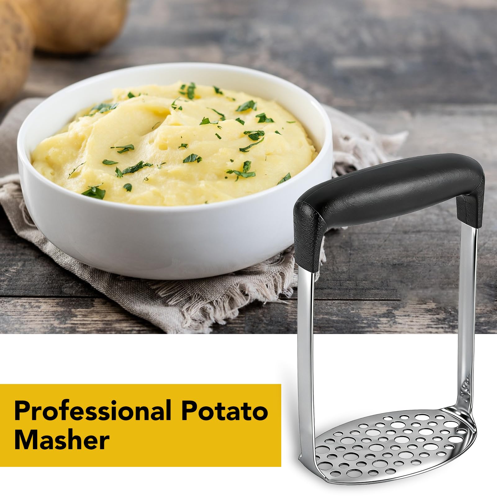 Presse Purée de Pommes de Terre, Presse Légumes Professionnel en Acier Inoxydable avec Poignée Masher Broyeur pour Pommes de Terre, Fruits, Légumes, Nourriture de Bébés.