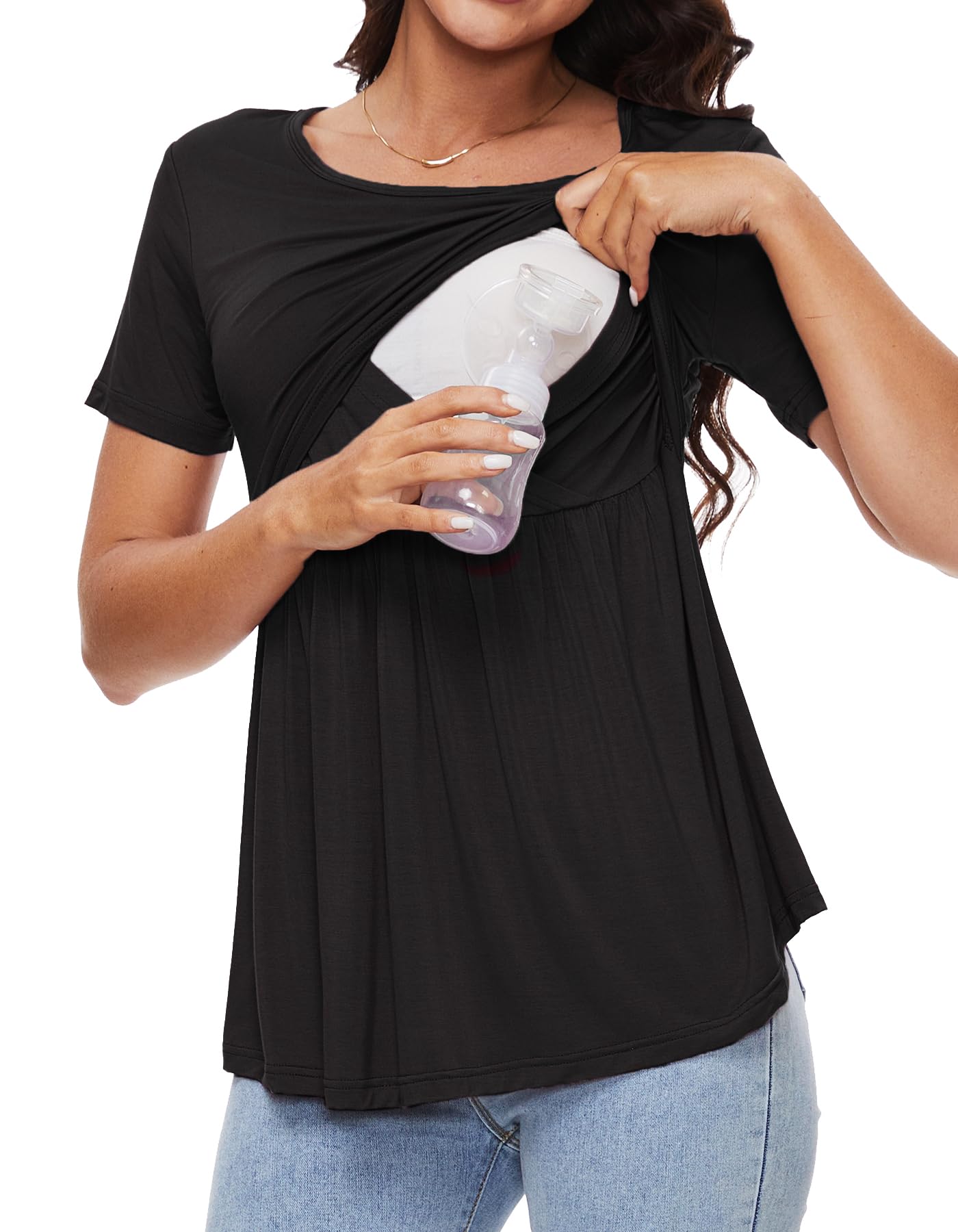 Sosolism Camisetas de Maternidad Fluidas para Embarazo Top de Manga Corta de Lactancia Camisetas de Verano para Amamantar