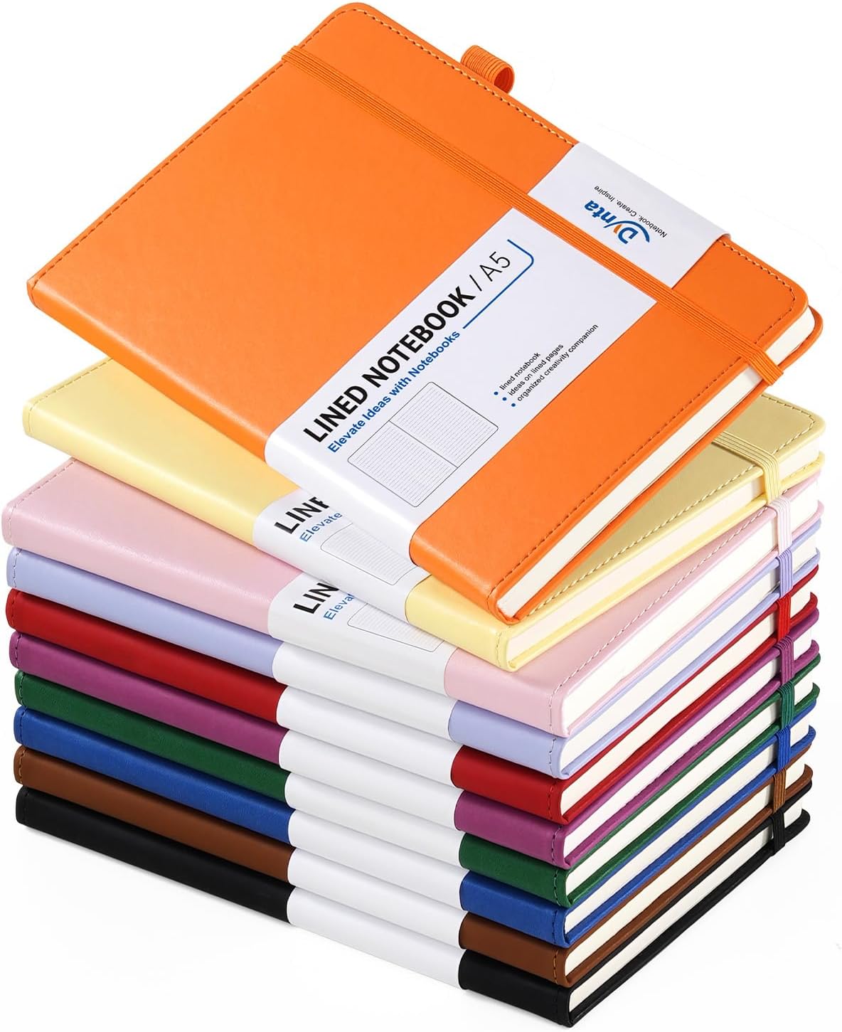 Dynta Hardcover Journal Notebooks 10 Pack A5 Lined Journals Bulk 5.8 x 8.4 Inch 160 Pages/80 Sheets 10 Colors College Ruled with Pen Loop Notebooks for Work, Writing, Note Taking