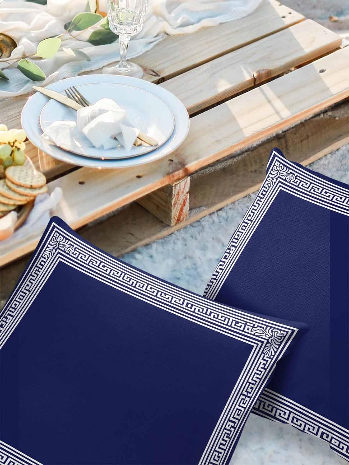 Navy Blue White Outdoor Waterproof Pillow Covers Pack of 2, Geometric Greek Key Bordered Abstract Art Decorative Throw Pillowcases Polyester Cushion Covers for Garden Patio Tent Sofa Couch, 24x24 inch