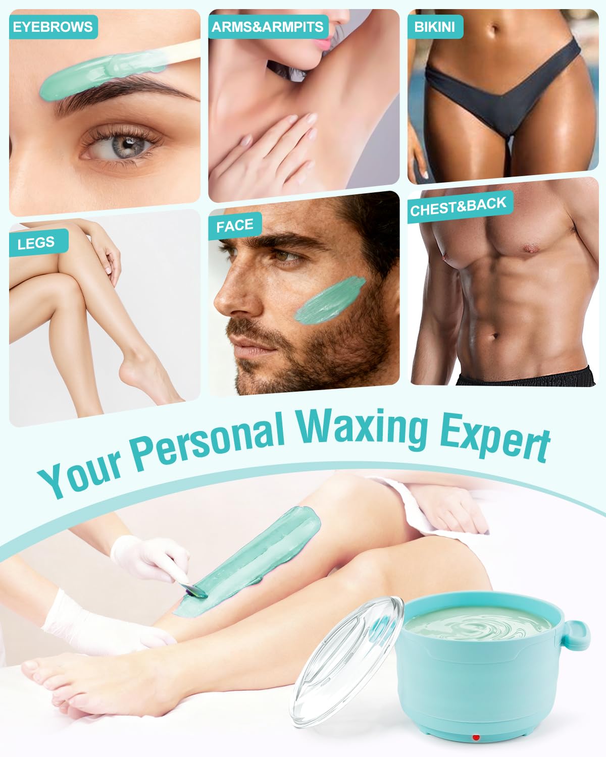 Kit per ceretta, scaldacera pieghevole con 4 confezioni di perline di cera dura, vasetto di cera in silicone per tutto il corpo, viso, sopracciglia, gambe, bikini, kit per la depilazione a casa con 15