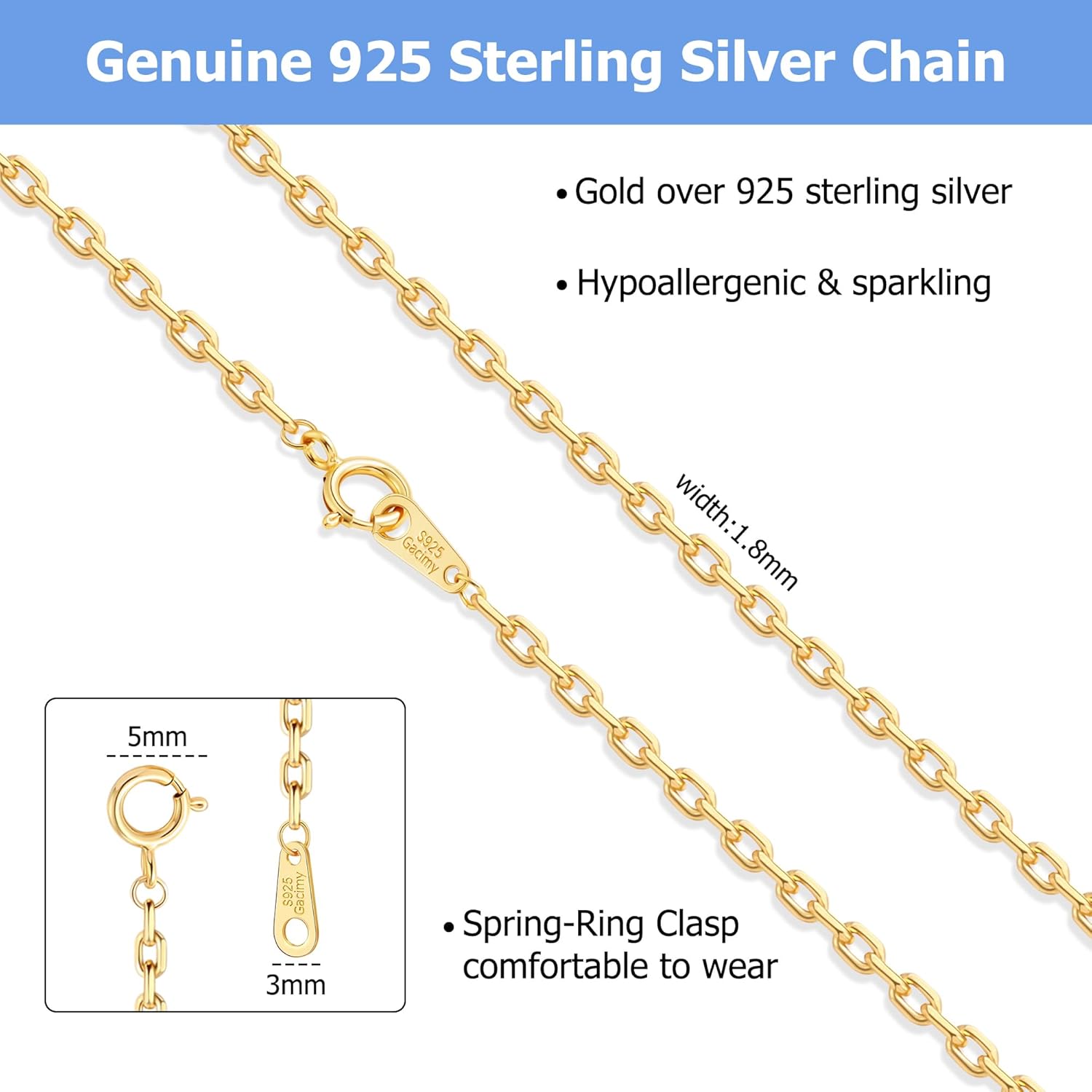 Gacimy Gold Cable Chain for Women 14K Real Gold Plated, 1mm 1.3mm 1.5mm 1.8mm Width 16" 18" 20" 22" 24" Length with 2" Extension Chains
