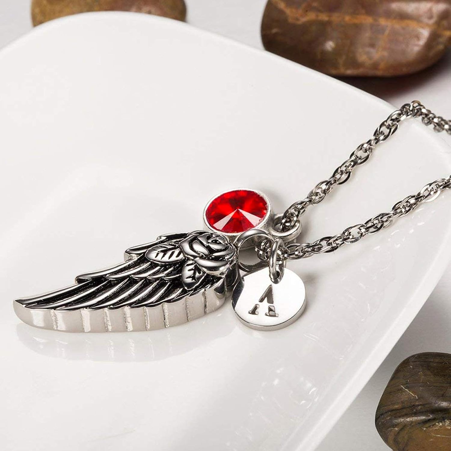 Gualiy Ashes Necklace Stainless Steel Angel Wings with Birthstone & 26 Letter Urn Pendants Necklaces