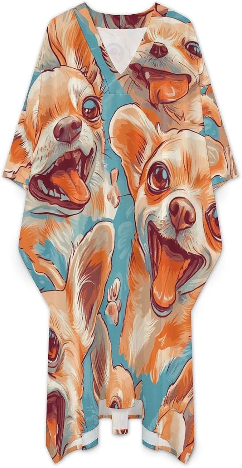 Happy Chihuahua Dogs Men's Kaftan Thobe V-Neck Long Gown Loose Robe